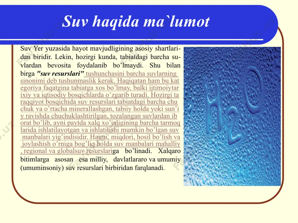bilan olib boriladi. suvning ifloslanishi va ifloslanish turlari 1. mexanik usulda, suvda erimaydigan jismlar panjarada ushlab qolinadi. 2. fizik (elektroliz) usulida, suv tarkibidagi og'ir metall ionlari anionlar va kationlardan tozalanadi. 3. kimyoviy usul, suvni xlorlash va ozonlash yo'li bilan bo'ladi. 4. biologik usulda, suv o'tlari (xlorella) yordamida tozalanadi. yoki nishablikda 2 ta hovuz quriladi va biridan ikkinchisiga suv oqib tushayotgan paytda, 80 sm gacha bo'lgan qum, tuproq suv tarkibidagi mayda mikrob va bakteriyalarni ushlab qoladi. suv havzalari quyidagicha ifloslanadi: suvda har xil zararli moddalar to‘planib suvning fizik xossalari va kimyoviy tarkibi o‘zgaradi. organik va mineral qo‘shilmalar miqdori ortadi. zaharli birikmalar paydo bo‘ladi. suv tarkibida kislorod kamayadi. bakteriyaning turlari va miqdori o‘zgaradi va yuqumli kasalliklar tarqatuvchi bakteriyalar paydo bo'ladi. suvning ifloslanishi va ifloslanish turlari suv yana sanoat va kommunal xo‘jaliklardan chiqqan oqava suvlar, neft, radioaktiv moddalar va boshqalar bilan ifloslanadi. rivojlangan davlatlarning sanoatida ishlatiladigan toza suvlar kommunal maishiy xo‘jaliklarga sarflanadigan suvlardan …