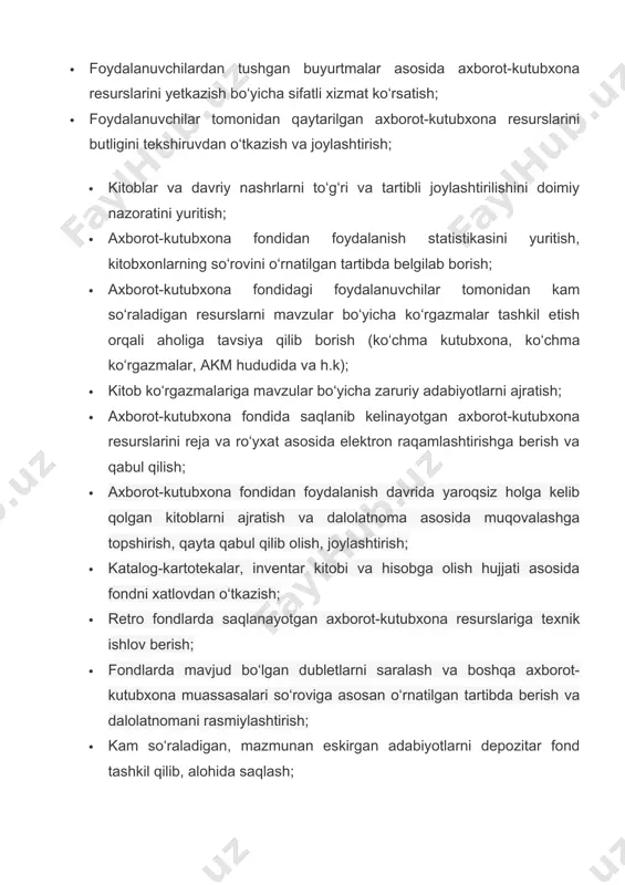 o‘rovini o‘rnatilgan tartibda belgilab borish; · axborot-kutubxona fondidagi foydalanuvchilar tomonidan kam so‘raladigan resurslarni mavzular bo‘yicha ko‘rgazmalar tashkil etish orqali aholiga tavsiya qilib borish (ko‘chma kutubxona, ko‘chma ko‘rgazmalar, akm hududida va h.k); · kitob ko‘rgazmalariga mavzular bo‘yicha zaruriy adabiyotlarni ajratish; · axborot-kutubxona fondida saqlanib kelinayotgan axborot-kutubxona resurslarini reja va ro‘yxat asosida elektron raqamlashtirishga berish va qabul qilish; · axborot-kutubxona fondidan foydalanish davrida yaroqsiz holga kelib qolgan kitoblarni ajratish va dalolatnoma asosida muqovalashga topshirish, qayta qabul qilib olish, joylashtirish; · katalog-kartotekalar, inventar kitobi va hisobga olish hujjati asosida fondni xatlovdan o‘tkazish; · retro fondlarda saqlanayotgan axborot-kutubxona resurslariga texnik ishlov berish; · fondlarda mavjud bo‘lgan dubletlarni saralash va boshqa axborot-kutubxona muassasalari so‘roviga asosan o‘rnatilgan tartibda berish va dalolatnomani rasmiylashtirish; · kam so‘raladigan, mazmunan eskirgan adabiyotlarni depozitar fond tashkil qilib, alohida saqlash; · nodir va alohida qimmatga ega bo‘lgan axborot-kutubxona resurslarini belgilash, aniqlash, alohida fondga yoki kichik fondga ajratish, ularni maxsus himoyalash va hisob …