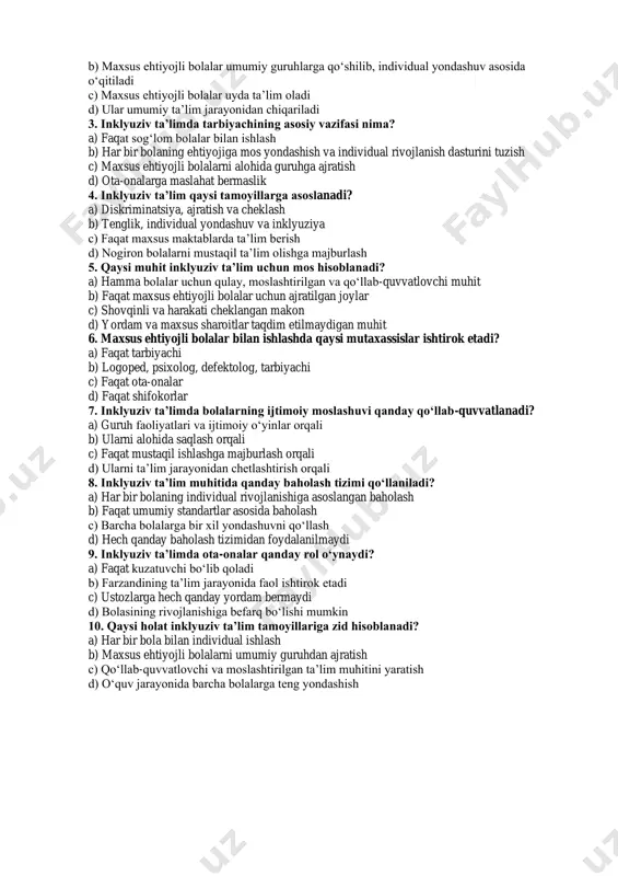 lyuziv ta’limda ota-onalarning roli qanday bo‘lishi kerak? 7. bolalar bog‘chasida inklyuziv ta’lim samaradorligini oshirish uchun qanday innovatsion metodlarni qo‘llash mumkin? 8. inklyuziv ta’limda bolalarning ijtimoiy moslashuvini qanday qo‘llab-quvvatlash mumkin? 9. nogironligi bo‘lgan bolalar uchun maxsus moslashtirilgan jihozlar va resurslar nimalardan iborat bo‘lishi kerak? 10. inklyuziv ta’lim tizimini takomillashtirish uchun qanday tavsiyalar berish mumkin? 1. inklyuziv ta’limning asosiy tamoyillari qanday? ✅ teng imkoniyat, diskriminatsiyasiz ta’lim, individual yondashuv, ijtimoiy moslashuv. 2. bolalar bog‘chasida inklyuziv ta’limni tashkil etishda qanday muammolar uchrashi mumkin? ✅ yetarli resurslarning yo‘qligi, pedagoglarning tayyorgarligi pastligi, ota-onalarning tushunchasi yetishmasligi. 3. maktabgacha ta’lim muassasalarida inklyuziv muhitni shakllantirish uchun qanday shart-sharoitlar kerak? ✅ jismoniy moslashuv (rampa, maxsus partalar), moslashtirilgan o‘quv materiallari, tarbiyachilar uchun maxsus tayyorgarlik. 4. tarbiyachilar inklyuziv ta’limga qanday tayyorlanishi kerak? ✅ maxsus treninglardan o‘tishi, individual yondashuv usullarini o‘rganishi, bolalar bilan ishlashda sabrli va qo‘llab-quvvatlovchi bo‘lishi. 5. maxsus ehtiyojli bolalar uchun moslashtirilgan o‘qitish usullari qanday bo‘lishi kerak? ✅ o‘yinli o‘qitish, individual …