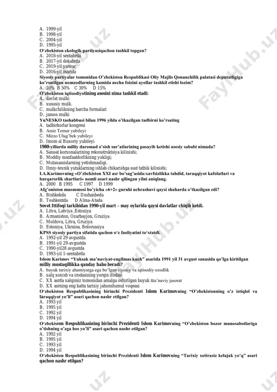 ‘g‘risida”gi qonunining 6-moddasiga ko‘ra ta’lim muassasasini akkreditatsiyalash vakolatli davlat organi tomonidan nimaga asosan amalga oshiriladi? a. mahalliy davlat hokimiyati organlari taqdimnomasiga b. attestatsiyaga c. me’yoriy hujjatlarga d. oliy va o‘rta maxsus ta’lim vaziri buyrug‘iga o’zbekiston respublikasi prezidenti saylovi tog’risida”gi qonuni qachon qabul qilingan? a. 1991-yil 29-dekabr b. 1995-yil 26-mart c. 1992-yil 24-mart d. 1991-yil 18-noyabr nechanchi yilda o’tkazilgan referendumda prezidentlik lavozimi vakolati 5 yildan 7 yilga uzaytirildi? a. 2000-yil 9-yanvar b. 2002-yil 27-yanvar c. 2007-yil 23-dekabr d. 2002-yil 29-dekabr qachondan parlamentimiz oliy majlis nomi bilan atala boshlangan? a. 1999-yil b. 1998-yil c. 2004-yil d. 1995-yil o‘zbekiston ekologik partiyasiqachon tashkil topgan? a. 2018-yil sentabrda b. 2017-yil dekabrda c. 2019-yil yanvar d. 2016-yil martda siyosiy partiyalar tomonidan o’zbekiston respublikasi oliy majlis qonunchilik palatasi deputatligiga ko’rsatilgan nomzodlarning kamida necha foizini ayollar tashkil etishi lozim? a. 20% b 50% c 30% d 15% oʼzbekiston iqtisodiyotining asosini nima tashkil etadi: a. davlat mulki b. xususiy …