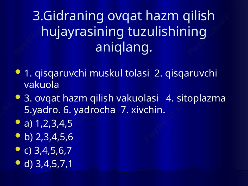r qaysi qadimgi koloniya bo’lib yashagan hayvonlardan kelib chiqqan? a) amyobasimonlar b) infuzoriyalar c) xivchinlilar d) nurlilardan 39.yakka va o’troq yashovchi,urug’langan tuxumidan lichinkalar hosil bo’ladigan poliplarni aniqlang. a) korall poliplar b) korall riflari c) meduzalar d) aktiniyalar 40.gidra tanasidagi qaysi hujayra ichida naysimon ingichka tola joylashgan? a) teri-muskul b) hazm qilish c) otuvchi d) tuxum 41.quydagi belgilari qaysi hayvon uchun xos? 1. yakka va o’troq holda yashaydi 2. paslagichlari og’iz atrofida bir necha qator bo’lib joylashgan 3. jinssiz va jinsiy yo’l bilan ko’payadi. a) gidra b) korall poliplar c) aktiniya d) meduza 42.odam uchun zararsiz bo’lgan meduzani belgilang. a) ildizog’iz b) butli c) aureliya d) qutb 43.gidra tanasidagi ortiqcha suv va zararli maxsulotlar nima yordamida chiqarib yuboriladi? a) qisqaruvchi muskul tolalari b) xivchinlar c) oraliq hujayralar d) qisqaruvchi vakuolalar 44.aktiniyalar va koloniya hosil qiluvchi poliplarda urug’langan tuxum hujayradan nima hosil bo’ladi? a) zigota b) spora c) lichinka d) sista 45.gidra …