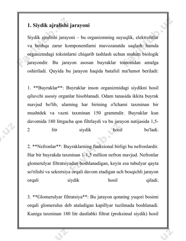 *: buyraklarning eng asosiy vazifalaridan biri qonni filtratsiya qilishdir. har kuni taxminan 150–180 litr qon buyraklar orqali o‘tadi va ular taxminan 1-2 litr suv va chiqindilarni peshob sifatida chiqarib tashlaydi. buyraklarda nefron deb ataluvchi millionlab mikro tuzilmalar mavjud bo‘lib, ular o‘z navbatida qonni filtrlaydi va chiqindilarni yig‘ib, organizmdan chiqaradi. 2. **ekstraksiya va chiqarish**: nefronlarda ishlab chiqarilgan filtrat moddalari, masalan, keraksiz metabolitlar, ortiqcha tuzlar, va suv buyrak tubulalari orqali harakatlanadi va peshob shaklida tanadan chiqariladi. shu jarayon yordamida ortiqcha va zararli moddalar tanadan chiqariladi. 3. **vazidintartibga solish**: buyraklar organizmda suyuqlikning kerakli darajada ushlab turilishida muhim o‘rin egallaydi. ular suv balansini saqlash orqali qon bosimini tartibga solishda hizmat qiladi. bu jarayon natijasida ortiqcha suv peshob shaklida chiqib ketadi va kerakli miqdorda suv organizmda saqlanib qoladi. 4. **elektrolitlar balansini tartibga solish**: buyraklar natriy, kaliy, kaltsiy va fosfat kabi elektrolitlar miqdorini muvozanatda ushlab turadi. bu elektrolitlar organizmning turli fiziologik jarayonlarida ishtirok etadi, masalan, nerv …