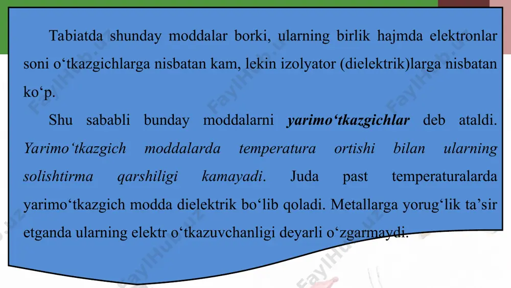 elektronlar deb ham yuritiladi. demak, valent elektronlar butun kristall atomlariga tegishli bo‘ladi. elektron o‘tkazuvchanlik. past temperaturalarda juft elektronlar hosil qilgan bog‘lanish kuchli bo‘lib, uzilmaydi. shu sababli past temperaturalarda kremniy elektr tokini o‘tkazmaydi. temperatura ko‘tarilganda valent elektronlarning kinetik energiyasi ortadi. ayrim bog‘lanishlar uzila boshlaydi. ulardan ayrimlari borib-kelib, yurgan yo‘lidan chiqib, metalldagi kabi erkin elektronga aylanadi. mazkur elektronlar elektr maydoni ta’sirida yarimo‘tkazgich bo‘ylab ko‘chadi va elektr tokini hosil qiladi (9.5-rasm). erkin elektronlarning ko‘chishi tufayli yarimo‘tkazgichda tok hosil bo‘lishiga elektron o‘tkazuvchanlik yoki qisqacha n-turdagi o‘tkazuvchanlik (lotin. negativus – manfiy) deyiladi. kovakli o‘tkazuvchanlik. kovalent bog‘lanishda qatnashgan elektron chiqib ketgan joyda kovak hosil bo‘ladi. neytral atomdan manfiy zaryadli elektron chiqib ketgan joy musbat zaryadga ega bo‘ladi. bo‘sh kovakni kovalent bog‘lanishdagi boshqa elektron kelib berkitadi. lekin endi kovak boshqa joyda paydo bo‘ladi. shunday qilib, elektronning bir joydan ikkinchi joyga ko‘chishida, kovaklarning ham nisbatan ko‘chishi ro‘y beradi. elektr maydoni bo‘lmaganda elektronlarning va shunga mos kovaklarning ko‘chishi tartibsiz …