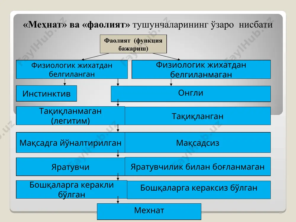 ехнат фаолиятини ташкил этиш назариясининг намоёндалари «ташкил этиш» тушунчаси французча organisation, лотинча organizo – «тартибга келтираман» сўзидан келиб чиққан. ташкил этиш деганда муайян қоида ва тамойиллар асосида биргаликда амалга оширувчи, бирор аниқ мақсад сари харакат қилувчи одамларнинг бирлашган фаолияти тушунилади. шунга кўра ташкил этиш – ички тартиблар ўрнатиш ва такомиллаштириш жараёнини билдиради. «меҳнатни ташкил қилиш» атамасини қўлланиши кенг тор меҳнатни, ишлаб чиқаришни ва бошқаришни ташкил қилиш билан боғлиқ масалаларнинг барчасини англатади меҳнатни тақсимлаш ва кооперациялаш, иш жойларини ташкил этиш, мехнат усулларини, мехнат шароитларини, мехнат ва дам олиш тартибларини оқилоналаштириш, мехнатни меъёрлаш, ходимларни тайёрлаш ва малакаларини ошириш, моддий рағбатлантириш, мехнат интизомини мустаҳкамлаш меҳнат фаолияти деганда инсоннинг бирор меҳнат тури билан банд бўлиши тушунилади. 2.2. меҳнатни ташкил этиш асослари. ходимлар фаолиятини таркибий элементлари меҳнат фаолиятини ташкил этиш асослари ҳуқуқий асослар – ишлаб чиқариш муносабатларидаги меҳнат фаолиятини ташкил этишга хизмат қиладиган ҳуқуқий мезонлар тушунилади. маънавий - психологик асослар – бу ишлаб чиқариш муносабатларида …
