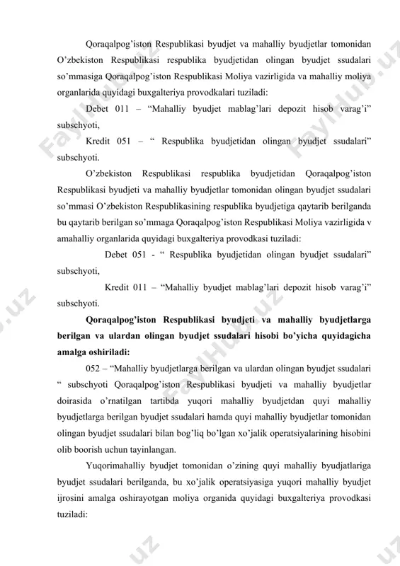 n bog’liq bo’lgan xo’jalik operatsiyalarining hisobini olib boorish uchun tayinlangan. yuqorimahalliy byudjet tomonidan o’zining quyi mahalliy byudjatlariga byudjet ssudalari berilganda, bu xo’jalik operatsiyasiga yuqori mahalliy byudjet ijrosini amalga oshirayotgan moliya organida quyidagi buxgalteriya provodkasi tuziladi: debet 052 – “qoraqalpog’iston respublikasi va mahalliy byudjetlarga berilgan va ulardan olingan byudjet ssudalari” subschyoti; kredit 011 – “mahalliy byudjet mablag’lari depozit hisobvarag’i” subschyoti. yuqori mahalliy byudjetdan byudjet ssudalarini olgan quyi mahalliy byudjetlar ijrosini amalga oshirayotgan moliya organlarida quyidagi buxgalteriya provodkasi tuziladi. debet 011 – “mahalliy byudjet mablag’lari depozit hisobvarag’i” subschyoti; kredit 052 – “qoraqalpog’iston respublikasi va mahalliy byudjetlarga berilgan va ulardan olingan byudjet ssudalari” subschyoti. quyi mahalliy byudjetlar tomonidan yuqori mahalliy byudjetga undan olgan byudjet ssudalari so’mmasi qaytarib berilganda, bu xo’jalik operatsiyasiga: a) quyi mahalliy byudjetlar ijrosini amalga oshirayotgan moliya organlarida quyidagi buxgalteriya provodkasi tuziladi: debet 052 – “qoraqalpog’iston respublikasi va mahalliy byudjetlarga berilgan va ulardan olingan byudjet ssudalari” subschyoti; kredit 011 – “mahalliy …