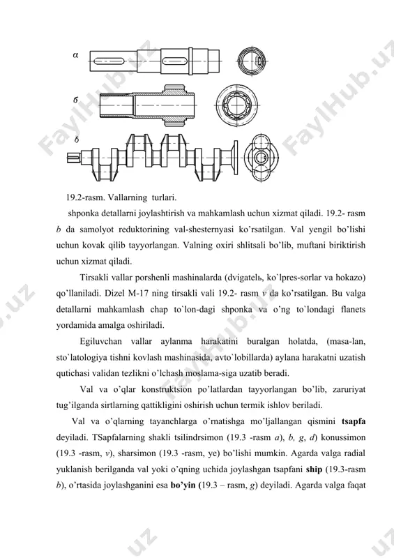 ular bir- biridan katta farq qiladi . o’qlar ning asosiy vazifasi detallarning mo’ljaldagi joyda aylanishiga sharoit yaratib berishdir . bunda uning o’zi detal bilan birga aylanishi xam , aylanmasligi xam mumkin . masalan, temir yo’l vagonlarining g’ildiraklari o’q bilan aylanadi , yuk ko`tarish moslamalarining blok o`qlari esa qo’zgalmas bo`ladi . vallarning vazifasi undagi detallarning aylanishini ta`minlash bilan birga , burovchi mo`lentni uzatishdan xam iborat. demak, o`qlar egilish kuchlanishi ta`siiri ostida , vallar esa eguvchi va burovchi mo`lentdan xosil bo`lgan kuchlanishlar ta’siri ostida bo`ladi . to`g`ri val va o`qlar, ko’pincha, uglerod yoki ligerlangan po’latlardan tayyorlanadi, termik ishlanmaydiganlari st 5 markali po’latdan , termik ishlanadiganlari 45 yoki 40h markali po’latdan , tez aylanadigan va sirpanish podshipniklarida ishlaydigani esa 20 yoki 20h markali po’latdan tayyorlanadi. vallarni hisoblash usullari. mustahkamlikka hisoblashning tahminiy usuli. taqribiy usul. aniqlashtirilgan usul. bikrlikka va titrashga hisoblash. vallar asosan ishlash sharoitiga qarab mustahkamlikka, bikirlikka va titrashga hisoblanadi. vallarni mustahkamlikka hisoblash …