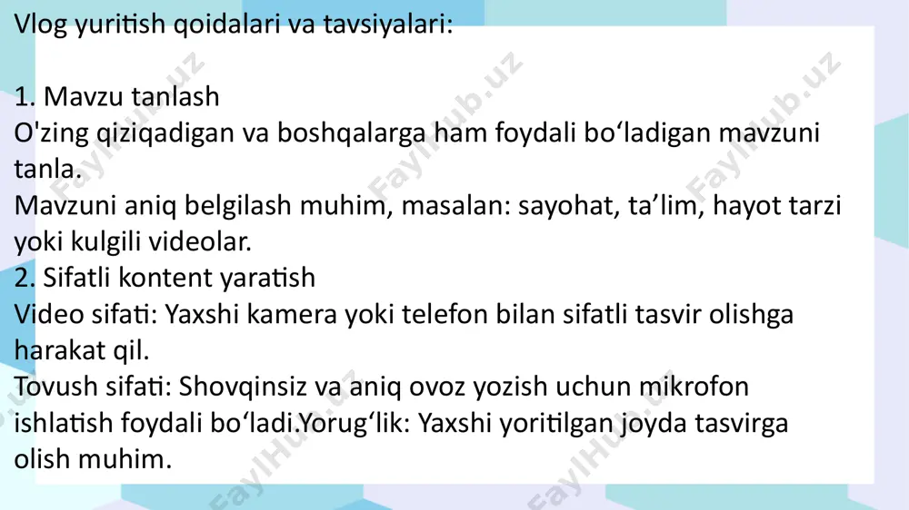 slubidan foydalan 5. muntazamlik va jadval vlog yuritishda doimiylik muhim. odamlar kontentingni qachon chiqishini bilishlari kerak. 🎯 muntazamlik uchun tavsiyalar: haftada 1–2 marta yangi vlog chiqarish oldindan rejalar tuzish va kontent jadvalini belgilash tomoshabinlar bilan izohlarda yoki ijtimoiy tarmoqlarda muloqot qilinadi 6. videoni montaj qilish vlogni yanada qiziqarli qilish uchun yaxshi montaj qilish kerak. 🔹 mashhur montaj dasturlari: capcut – mobil uchun qulay va oson adobe premiere pro – professional montaj uchun final cut pro – macbook foydalanuvchilari uchun yaxshi variant imovie – apple qurilmalarida bepul va oson 📌 muhim montaj texnikalari: keraksiz qismlarni kesish matn va grafik elementlar qo‘shish foydali va jozibali effektlar ishlatish 7. mualliflik huquqlari vlog yaratishda boshqa odamlarga tegishli materiallardan foydalanish qoidalariga rioya qilish kerak. ⚠️ e’tibor berish kerak bo‘lgan narsalar: litsenziyasiz musiqa ishlatmaslik (youtube videolarni bloklashi mumkin) ruxsatsiz boshqalarning videolari yoki rasmlaridan foydalanmaslik mualliflik huquqlariga ega bo‘lmagan bepul resurslarni ishlatish (epidemic sound, youtube audio library, …
