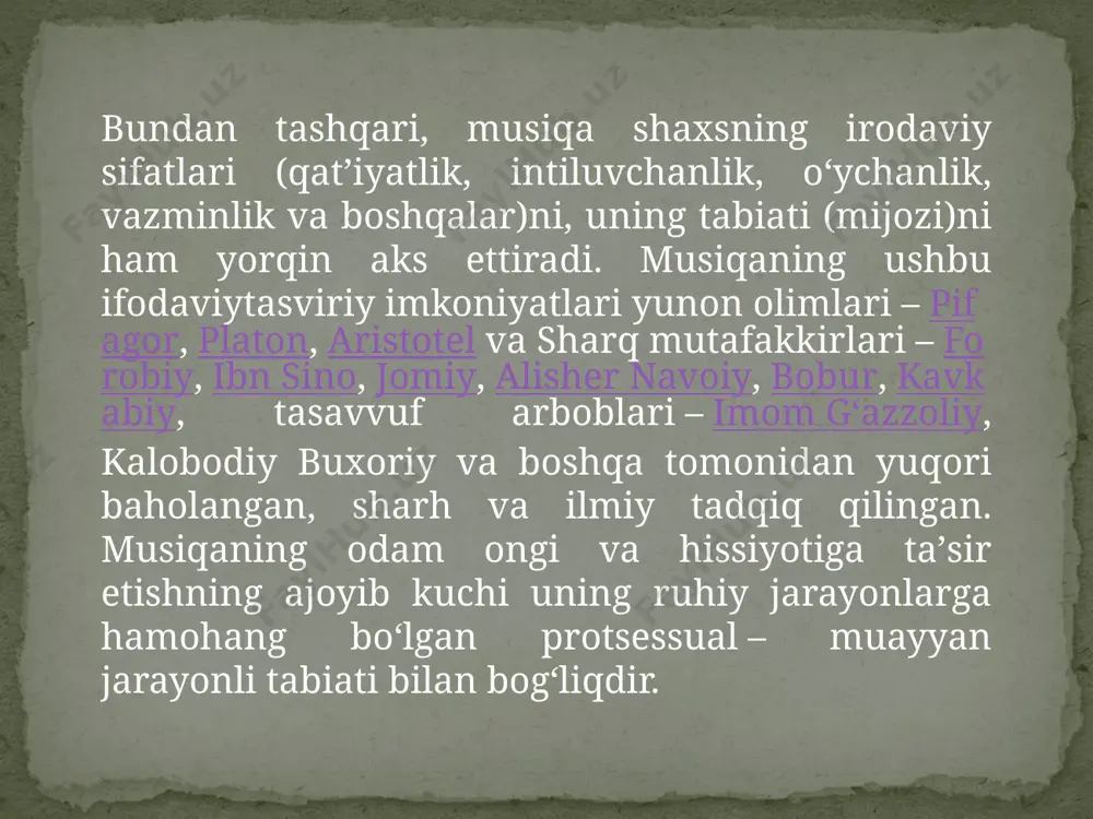 ik kabi xususiyatlarga maʼlum darajada ziddir. oʻzaro aloqa va birlik doirasidagi bunday dialektik ziddiyatlar musiqa asarini yaratish va ijro etish jarayonida hamisha xilma-xil ravishda oʻz yechimini topadi. turli xalqlar musiqa madaniyati va anʼanalarida musiqaning barkaror va beqaror unsurlarining oʻzaro munosabatlari ham oʻzgachadir. masalan, anʼanaviylik mezoniga asoslangan ogʻzaki yoʻnalishdagi musiqa uslublarida muayyan badiiy mazmun, estetik qoidalar bilan birga musiqa asarlari shakliga badixagoʻylik xususiyatlari, nomusiqaviy (asarning ijro etish vaqti, joyi, sharoiti kabi) holatlar oʻz taʼsirini oʻtkazadi. individual badiiy obrazlarni ifodalashga qaratilgan yozma anʼanadagi kompozitorlik sanʼati asarlari esa koʻproq aynan musiaqiy rivojlanish qoidalariga, yaʼni tugallangan, yaxlit va barqaror shakllarga asoslanadi. shuning uchun, kompozitorlik musikada mazkur shakllarni ifodalashga hamda obyektiv holatda saqlashda asosiy omil boʻlgan nota yozuvi mu-him oʻrin tutadi. /docprops/thumbnail.jpeg