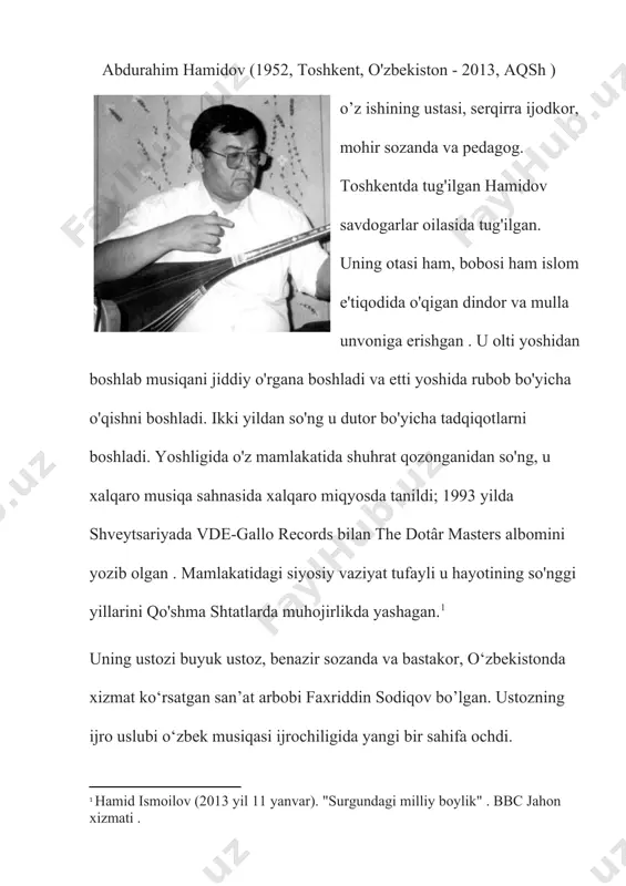 ot» cholg‘u bo‘limlaridagi «tasnifi buzruk», «tasnifi rost», «tasnifi navo», «tasnifi dugoh», «tasnifi segoh» va «tasnifi iroq» kabi asarlar mohirona ijro etilgan. shuningdek, turli tadbirlar va konsert dasturlarida ularning ustoz ijodiga xos ravishda tayyorgalik bilan chiqqan ijro repertuarlarini ko’rish mumkin edi. audio va video tasma yozuvlarini ijtiomoiy tarmoq sahifalarida ham ko’rish mumkin. maqom ansambllaritarixiga nazar soladigan bo’lsak, 20-asrning boshlariga qadar maqom ansamblilari buxoro, samarqand, xiva, qoʻqon, toshkent va boshqa yirik shaharlarda, xususan saroy sharoitida faoliyat kursatgan. keyinchalik maqom ansamblilari yangicha shart-sharoitlarda mumtoz milliy musiqa ijodiyotini keng targʻib qilish maqsadida qayta tuzilgan. oʻtmishda maqom ansamblilari tomonidan maqomlar yaxlit turkum holda yoki ularning alohida-alohida cholgʻu va ashula qismlari ijro etilgan. bunda, jumladan, shashmaqomttt talqin, nasr, savt kabi shoʻʼbalarini aytishga ixtisoslashgan hofizlar talqinxon, nasrchi, savtxon deb yuritilgan. ularga tanbur, doyra yoki ixcham cholgʻu ansambli joʻrlik qilgan. jumladan, 19-asrning oxirida buxoroga mos maqom ansambli tarkibida, odatda, 2 ta tanbur, dutor, qoʻbiz (yoki sato), doira va …