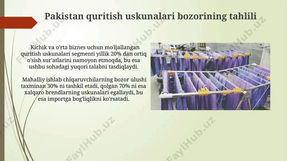 i qoʻllaniladi, ularning uzunligi 20-50 metrgacha va kengligi 1-3 metrgacha yetishi mumkin, bu katta quvvatni taʼminlaydi. quruq quritish uskunalarining samaradorligi 80% dan yuqori boʻlishi uchun, havo oqimining tezligi va harorati aniq hisob-kitoblar asosida tanlanadi, odatda 1.5-3 m/s va 60-80°c oraligʻida. quritish uskunalarining texnik xizmati va ta'miri elektr motorlarining ishlash parametrlarini (amper, volt, tezlik) muntazam ravishda monitoring qilish va 10% dan ortiq og‘ish kuzatilsa, mutaxassislar tomonidan tekshiruvdan o‘tkazish zarur. quritish jarayonining samaradorligini oshirish maqsadida, har 6 oyda bir marta sensorlarning aniqligini kalibrlash va 5% dan ortiq og‘ish bo‘lsa, ularni almashtirish kerak. quritish jarayonining nazorati va boshqaruvi quritish vaqti optimallashtirish uchun maxsus dasturiy ta'minot va 10-15% gacha energiya tejash imkoniyatini beruvchi algoritmlar ishlab chiqilgan. quritish jarayonining harorati va namlik darajasini nazorat qilish uchun 2-5% oralig'ida aniqlikka ega sensorlar va plc boshqaruv tizimlari qo'llaniladi. e'tiboringiz uchun rahmat @taqdimot_robot image1.jpg image2.jpg image3.jpg image4.jpg image5.jpg image6.jpg image7.jpg image8.jpg image9.jpg image10.jpg image11.jpg image12.jpg