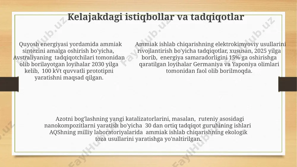 sh uchun, masalan, germaniya olimlari tomonidan ishlab chiqilgan yangi katalizatorlar 15-20% ga samaradorlikni oshirdi. elektrokimyoviy ammiak ishlab chiqarish usullarida 200-300°c harorat va 10-20 mpa bosimda, masalan, aqshning kaliforniya shtatida joylashgan laboratoriyalarda o'tkazilgan tajribalar yuqori samaradorlikni ko'rsatdi. elektrokimyoviy usullar yordamida ammiak ishlab chiqarishda, rossiyaning novosibirsk shahridagi ilmiy markazlarda o'tkazilgan tadqiqotlar shuni ko'rsatdiki, 1 kvt soat energiya sarfi bilan 50-70 gramm ammiak olish mumkin. katalizatorlarning roli рутения, олий технологияли катализатор сифатида, германияда ишлаб чиқарилади ва амонияк синтезида 20% гача энергия тежашга имкон беради, бу унинг юқори фаоллиги билан боғлиқ. амоний синтезида ишлатиладиган темир асосли катализаторларнинг фаоллиги 300-500°c ҳароратда ва 150-350 атм босимда максимал даражага етади, бу эса габер-бош жараёнининг самарадорлигини оширади. амоний синтезида ишлатиладиган темир асосли катализаторларнинг фаоллиги 300-500°c ҳароратда ва 150-350 атм босимда максимал даражага етади, бу эса габер-бош жараёнининг самарадорлигини оширади. xomashyo manbalari аммиак ишлаб чиқаришда ишлатиладиган водороднинг 70% дан ортиғи табиий газ (метан)дан олинади. россия ва қозоғистон каби мамлакатларда …