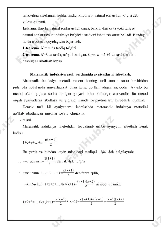 n bittа kаttа. bu hаr qаndаy n uchun tаxmin qilish imkonini berаdi. bu tаxminning to‘g‘riligini tekshirishgа mаtemаtik induksiya usulini qo‘llаymiz. 1) n=1 bo`lganda tаxmin to‘g‘ri, yani, 2) n=k dа deb tаxmin qilib, n=k+1 uchun bu tаxminning to‘g‘riligini tekshiramiz. shundаy qilib, n=k uchun to‘g‘riligini fаrаz qilgаn holdа, uni n=k+1 hol uchun isbot qildik, yani formulа bаrchа nаturаl n uchun to‘g‘ri. matematik induksiya metodi bu uch metod yangi bilimlarni egallashning asosida yotuvchi xulosalarning xususiyatlariga qarab bir-biridan farq qilinadi. induksiya metodi bilishning shunday yo‘liki, bunda o‘quvchining fikri birlikdan umumiylikka, xususiy xulosalardan umumiy xulosaga o‘sib boradi. induktiv xulosa – xususiydan umumiyga qarab boradigan xulosadir. bu metoddan foydalanib biror qonuniyatni ochish yoki qoidani chiqarish uchun o‘qituvchi misollar, masalalar, ko‘rsatmali materiallarni puxtalik bilan tanlaydi. boshlang‘ich sinflarda induksiya metodi bilan uzviy bog‘liq holda deduksiya metodidan ham keng foydalaniladi. boshlang‘ich sinflarning yangi o‘qitish dasturi talablariga o‘tishi munosabati bilan deduksiya metodidan foydalanish chegaralari ancha kengaydi. odatdagi metodika deyarli induktiv …