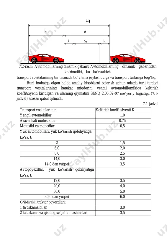 qdori quyidagi formula yordamida aniqlanadi: nкелт n   ni 1  kкелт bu yerda: nкелт - yengil avtomobilga keltirilgan harakat miqdori; ni- turdagi transport vositasi harakat miqdori; ккелт - i turdagi transport vositasining yengil avtomobilga keltirish koeffitsiyenti. o‘tkazish qobiliyati yo‘lning asosiy hisobiy ko‘rsatkichi bo‘lib, u yo‘lning holatiga va harakatni tashkil etishning darajasiga bog‘liqdir. yo‘lning yuklanganlik darajasini quyidagicha baholash mumkin: z=n/p bu yerda: p- o‘tkazish qobiliyati, avt/soat; n -harakat miqdori, avt/soat. agarda z  0.2 transport oqimi erkin, z=0,2-0,45 transport oqimi qisman bog‘langan oqim, z=0,45-0,7 bog‘langan oqim, z=0,7-1,0 to‘yingan oqim yoki zich oqim deyiladi. ш o‘tkazilgan ko‘p yillik ilmiy izlanishlar natijasida yo‘lning yuklanganlik darajasining optimal qiymati shahar tashqarisidagi yo‘llar uchun 0,45 - 0,55 deb aniqlandi. har xil yo‘l sharoitlarida harakatni tashkil etishda yuklanganlik darajasi ko‘rsatkichlariga asosan ish yuritiladi. nazorat savollari 1. yo‘lning o‘tkazuvchanlik qobiliyatini qanday aniqlanadi. 2. amaliy o‘tkazish qobiliyati deganda nimani tushunasiz