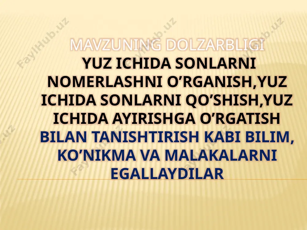 h; ”sonli ifoda” tushunchasini o’zlashtirish, sonli ifodaning qiymatini topishni bilish, o’zgaruvchili ifodalar haqida tushuncha, sonli tenglik va sonli tengsizliklar va ularning xossalarini bilish; murakkab sonli ifodalarning qiymatini topish; tenglik va tengsizliklar haqida tushunchaga ega bo’lish va ularni yecha olish; kattaliklar (mahsulot narxi, miqdori va qiymati, to’g’ri chiziqli harakatda masofa, tezlik va vaqt) orasidagi bog’lanishlarga oid masalalar yecha olish; kattaliklar va ularni o’lchash, uni masalalar yechish jarayonida qo’llash; geometrik shakllar bilan tanishish, ularga mos nomlarni bilish, bu shakllarni bir-biridan farqlay olish, geometrik shakllarni yasay olish. yosh avlodni hozirgi zamon fani asoslari bilan kurollatirish orkali ularning akliy jixatdan maksimal darajada rivojlanishlariga erishish umumta’lim maktablari oldida to’rgan eng muhim vazifalardan biridir. matematika o’qitishni metodikasi yoki didaktika matematika tarbiyashunoslik pedagogika fanlari sistemasiga kiruvchi matematika fanini o’qitishni tashkil qiluvchi fandir «grekcha» so’z bo’lib, «yo’l» degan ma’noni beradi. matematika metodiksi pedagogika va didaktika fanining asosiy bo’limlaridan biri bo’lib, jamiyatimiz tarakkiyoti darajasida ta’lim maksadlariga mos keluvchi matematikani …