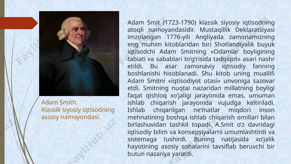 otib olish uchun chetga chiqariladi. a.smit merkantilistlarni pulni ko’paytirish konsepsiyasini tanqid qilib, iqtisodiyotda pulga zarurat tovarlarga nisbatan kamroq bo’ladi deb o’ylaydi. mamlakatda pul massasi qancha kam bo’lsa, iqtisodiy yo’qotishlar shuncha kam deb hisoblaydi. biroq, a.smit pulning roliga yetarlicha ahamiyat bermaydi va unga zarurat, boshqa tovarlarga qaraganda, doimo kamroq bo’ladi, deb aytadi. uning bu xatosini izdoshlari o’zlashtirib olib, klassik maktab nazariyasi o’z ta‘limotlarida qo’lladilar. smit jamiyatning uch holatini: yuksalayotgan – progress, statsionar – turg’un va tanazzul – regressga uchragan holatlarini farqlagan. birinchisida boylik ko’payadi va mehnatga talab-ehtiyoj ortadi. statsionar holatda ishchilarning ahvoli og’ir, tushkunlikda esa ayanchli bo’ladi. alfred marshall (1842-1924) iqtisodiyotda neoklassik (yangi klassik) yo`nalishning yetakchi vakili, marjinalizmning "kembrij maktabi"lideri hisoblanadi. kembrij universitetida o`qidi, uni tugadi va shu yerda butun hayoti davomida o`qituvchilik qildi. u siyosiy iqtisod fanidan (1863 yildan to 1908 yilgacha) dars berdi. 1902 yildan boshlab yangi "ekonomiks" fanini kiritdi va siyosiy iqtisod fani asta-sekin siqib chiqarildi. bozor bahosi …