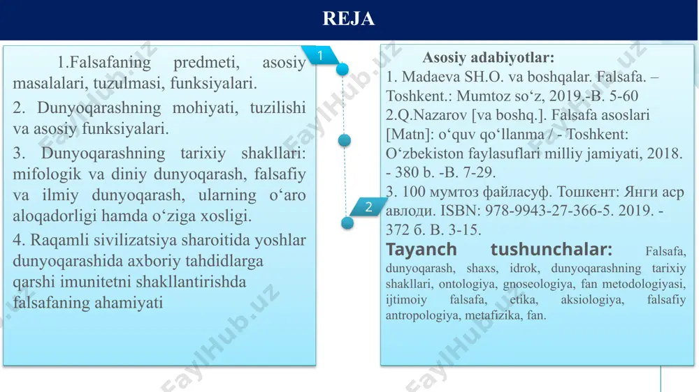 yaxlit va bir butun holda tushunish mujassamiga aylangan edi. «filosofiya» atamasi qadimgi yunonistonda «filosofiya» atamasini dastlab, matematika fani orqali barchamizga yaxshi ma’lum bo‘lgan, buyuk alloma pifagor ishlatgan. geraklit geraklit (eramizdan avvalgi 520-460 yillarda yashagan) shogirdlariga murojaat qilib, «do‘stim, sen hali yoshsan, umringni bekor o‘tkazmay desang, falsafani o‘rgan», deganda aynan ana shu haqiqatni nazarda tutgan. falsafa har bir kishining dunyoga nisbatan o‘z qarashi, o‘zi va o‘zgalar, hayot va olam to‘g‘risidagi tasavvurlari, xulosalari bo‘ladi. insonning tevarak atrofini qurshab turgan voqelik to‘g‘risidagi, olamning mohiyati, tuzilishi, o‘zining undagi o‘rni haqidagi qarashlar, tasavvurlar, bilimlar tizimidir. tasavvurlar, tushunchalar, qarash va xulosalar muayyan kishining boshqa odamlarga munosabati va kundalik faoliyatining mazmunini belgilaydi. dunyoqarash - olamni eng umumiy tarzda tasavvur qilish, idrok etish va bilishdir. dunyoqarashning bir kishiga yoki alohida shaxsga xos shakli individual dunyoqarash deyiladi. i dunyoqarash tushunchasi dunyoqarash ijtimoiy-tarixiy shakllarga ega. dunyoqarashning o‘ziga xos xususiyati shundaki, unda mifologiya, din, falsafa, fan, shu kabi ijtimoiy-ma’naviy hodisalar sintezlashgan …