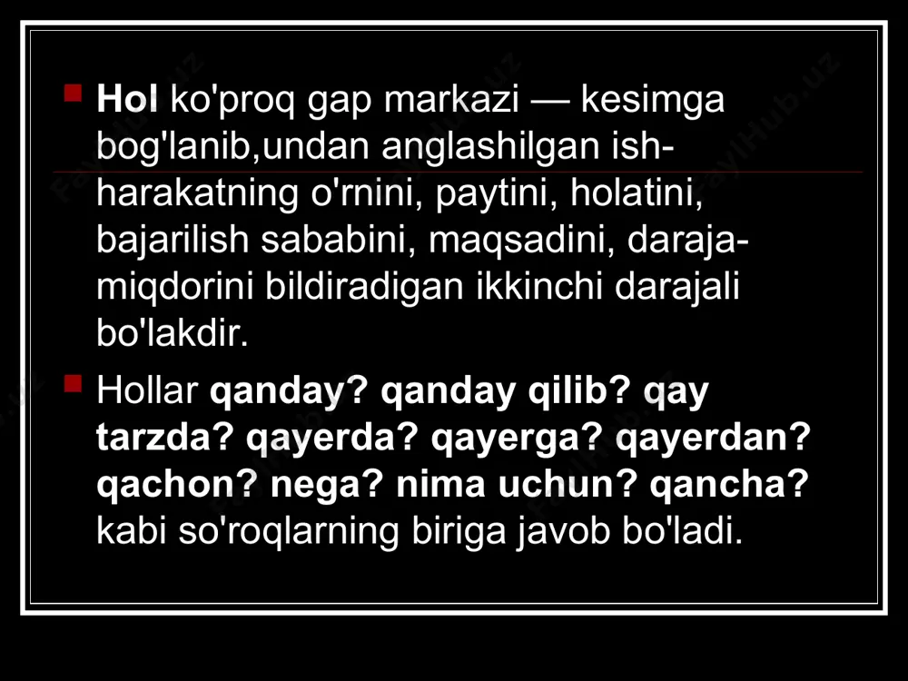 da necha marta asal yegansan? sabab holi ish-harakatning sababini bildirib, nimaga? nima иchиn? nima sababdan? nima sababli? kabi so'roqlarga javob bo'lgan hol sabab holi deyiladi. masalan: tinchlik tufayli yurt obod. yaxshi o'qigani uchun и mukofotlandi. qul tarlon shodligidan to`xtolmadi yig'idan. (h. 0.) maqsad holi ish-harakatning maqsadini bildirib, nimа uchиn? nima maqsadda? nima qiigani? kabi so'roqlarga javob bo'lgan hol maqsad holi deyiladi. maqsad holi maqsad ravishdoshlaridan, ot yoki fe'llardan keyin uchun, deb, maqsadida, maqsadi bilan kabi so'zlarni keltirish orqali, shuningdek, jo'nalish kelishigi qo'shimchasini olgan harakat nomlari orqali ifodalanadi. masalan: qoratoy do 'stining dov-daragini surishtirish uchun yelib-yugurdi. (o.) bolalar o'ynab kelgani ко 'chaga chiqib ketdi. (o.) bir chimdim uxlash uchun ko`zini yumdi.