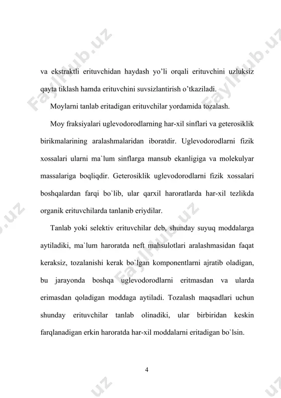 rak chunki, bunda faza tez ajraladi. 4. erituvchi xom ashyoga nisbatan kimyoviy barqaror, inert, zaharsiz, portlovchi emas va qurilmani korroziyaga uchratmasligi kerak. 5. erituvchi yengil va to`la regeneratsiyalanadigan bo`lishi kerak. buning uchun qaynash harorati moyning qaynash haroratidan past bo`lishi kerak. 2.1. neft moylarini fenol yordamida tozalashning texnologik sxemasi fenolni tanlovchanligi past xisoblansada lekin umumiy erituvchanlik qobiliyati yuqoridir. selektivlikni pastligi natijasida ekstrakt tarkibida moyning qimmatbaqo komponentlarni ham erib qolishi mumkin, deasfal'tizatga esa smola va asfal'tenlar o`tib ketadi. birinchi qodisada moyning % miqdordagi chiqishi kamaysa, ikkinchisida esa deasfal'tizatni sifati pasayadi. erituvchilarning tasnifi. qutbli erituvchilarning tabiati, uning tarkibi va molekulalar strukturasi tozalash jarayonining unumdorligiga ta`sir qiladi. erituvchining tabiati, uning bir tomondan xom ashyoning aromatika uglevodorodlariga nisbatan, ikkinchi tomondan parafin uglevodorod-lariga nisbatan tanlab eritish xossalarini baqolashda to`liq o`zini namoyon etadi. erituvchining uglevodorodlarga nisbatan tanlash va eritish xossalarini o`rganish uchun gamet tengligidan foydalanish maqsadga muvofiqdir. erituvchi molekulasiga geteroatomlarni va gammet - taft konstantasining yuqori ko`rsatkichli …
