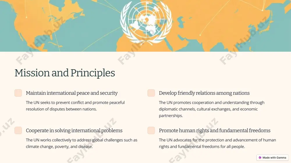 to address climate change. human rights protection the un advocates for human rights, combating discrimination and promoting equality. 5 role in international diplomacy peace negotiations the un facilitates diplomatic efforts to resolve conflicts peacefully. international law the un works to develop and enforce international law, promoting cooperation and order. global governance the un provides a framework for cooperation on issues of global concern. 6 challenges and criticisms financial challenges the un relies on member states' contributions, which can fluctuate and impact its effectiveness. security council reform calls for reform of the security council to reflect current global realities and ensure broader representation. ineffectiveness in conflict resolution criticism arises when the un fails to prevent or adequately resolve conflicts. bureaucracy and inefficiency some critics highlight bureaucracy and slow decision-making processes within the un. 7 the un's future and reforms 1 adapting to changing world the un faces the need to adapt …