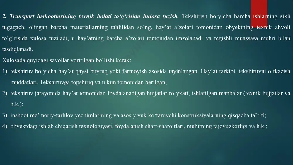 ablarga mutanosibligi beriladigan dalolatnoma tekshiruvning yakunlovchi hujjatidir. qayta hisob natijalariga asosan dalolatnomada inshootdan bundan buyon foydalanish imkoni yoki konstruksiyalarni kuchaytirish zarurligi tо‘g‘risida xulosa beriladi. transport inshootlari texnik ahvoli tо‘g‘risidagi xulosa obyektning qurilish qismini rekonstruksiyalashning maqsadga muvofiqligi haqidagi dastlabki qaror uchun asos bо‘lib xizmat qiladi. salixanov s.s., raupov ch.s. transport inshootlarini loyihalash va qurish. 1-qism. temir yollardagi tonnellar va quvurlar. 5a340603– “ko‘priklar va transport tonnellari ekspluatasiyasi” mutaxassisligi 1-bosqich magistratura talabalari uchun o‘quv qo‘llanma. – toshkent, tashiit, 2014. – 137 b. salixanov s.s., raupov ch.s. transport inshootlarini loyihalash va qurish. 2-qism. temir yollardagi temirbeton ko‘priklar. 5a340603– “ko‘priklar va transport tonnellari ekspluatasiyasi” mutaxassisligi 1-bosqich magistratura talabalari uchun o‘quv qo‘llanma. – toshkent, toshtymi, 2015. – 160 b. salixanov s.s. “transport inshoatlarini loyihalash va qurish”i-ii qismlar. toshkent, 2018y. darslik. “komplex print” nashriyoti. salamaxin,n.p.lukin i drugiye .mosti i iskusstvenniye soorujeniya na avtomobilnix dorogax.i-ii chast.m,transport 1991. image6.jpeg image7.jpeg image2.png image3.png image4.png image5.png /docprops/thumbnail.jpeg