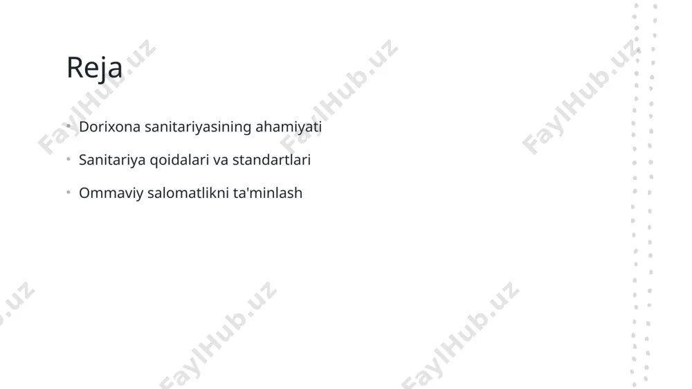 ariga amal qilish, dorixonalar orqali kasalliklarning tarqalishini oldini oladi va jamoat salomatligini yaxshilaydi, shuningdek, ishonchni oshiradi. dorixonalarda sanitariya qoidalarining asosiy tamoyillari va mohiyati. sanitariya tamoyillari gigiena qoidalari o'zbekiston standartlari dorixonalarda sanitariya tamoyillari, toza muhit yaratish va infeksiya tarqalishini oldini olish uchun zaruriy qoidalarni o'z ichiga oladi. gigiena qoidalari dorixona xodimlarining shaxsiy gigienasi, asbob-uskunalarni tozalash va dezinfektsiya qilishni o'z ichiga oladi, bu esa xavfsizlikni ta'minlaydi. o'zbekistonda dorixona sanitariya qoidalari va standartlari, xalq salomatligini himoya qilish uchun belgilangan, tajribali mutaxassislar tomonidan ishlab chiqilgan. o'zbekistonda dorixona sanitariya standartlari va ularning amaliyoti. o'zbekistondagi standartlar o'zbekistonda dorixona sanitariya standartlari, xalqaro talablar asosida ishlab chiqilgan bo'lib, dorixonalar xavfsizligini ta'minlashga qaratilgan. amaliyotdagi muammolar sanitariya standartlariga rioya qilmaslik, dorixonalar orasida infeksiya tarqalishiga olib kelishi mumkin, bu esa ommaviy salomatlikka xavf tug'diradi. kelajak istiqbollari o'zbekistonda sanitariya standartlarini takomillashtirish orqali dorixonalarda gigiena va xavfsizlikni oshirish, sog'liqni saqlash sohasida ijobiy o'zgarishlarga olib keladi. dorixonada sanitariya qoidalarini buzishning oqibatlari va profilaktika choralar. …