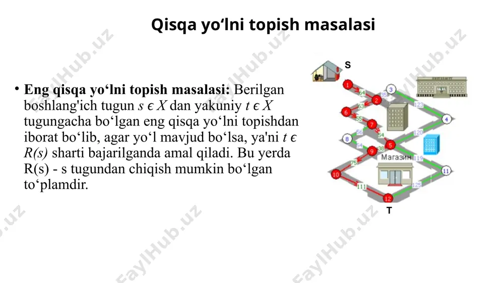 горитм считает для каждой вершины маршрут, и, если он оказывается кратчайшим, выделяет вершину. весом данной вершины становится вес пути. для всех соседей данной вершины алгоритм также рассчитывает вес, при этом ни при каких условиях не выделяя их. алгоритм заканчивает свою работу, дойдя до конечной вершины, и весом кратчайшего пути становится вес конечной вершины. 9 formal tavsif manfiy vaznga ega bo‘lmagan hamda sirtmoqsiz vaznli yo‘naltirilgan graf g(x,e) berilgan bo’lishi kerak. grafning (g) ba'zi s tugunlaridan ushbu grafning oxirgi t tuguniga (yoki barcha boshqa tutunlariga) eng qisqa yo‘llarni toppish kerak. no formal tavsif x ning har bir tuguniga belgi beriladi - bu tugundan boshlang'ich tugungacha bo‘lgan minimal ma'lum masofa. algoritm bosqichma-bosqich ishlaydi - har bir bosqichda u bitta tugunga "tashrif buyuradi" va belgilarni qisqartirishga harakat qiladi. algoritm barcha tugunlarga tashrif buyurilgandan so‘ng tugaydi. misol x1 tugundan qolgan barcha tugunlargacha bo‘lgan eng qisqa masofalarni toping. рассмотрим выполнение алгоритма на примере графа, показанного на …