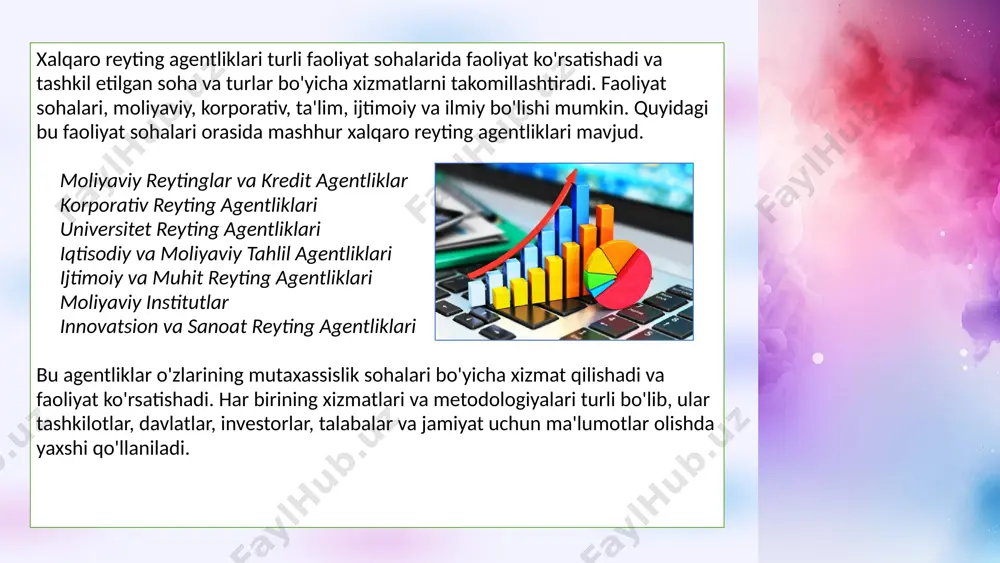 o‘z reyting shkalasi mavjud. bundan tashqari, agar bank oraliq qiymatlarga tushib qolsa, harf kategoriyalariga "+" va "-" modifikatorlari yoki 1, 2 va 3 raqamlari qo‘shilishi mumkin. kelajakda reytingda mumkin bo‘lgan o‘zgarishlarni ko‘rsatish uchun agentlik prognozlaridan foydalaniladi. bu quyidagicha bo‘lishi mumkin: "barqaror" - bu keyingi ikki yil ichida reyting o‘zgarishi kutilmaganligini anglatadi; "rivojlanayotgan" - reyting ham oshishi, ham pasayishi mumkin; "salbiy" - pasaytirish mumkin; "ijobiy" - reytingni ko‘tarish mumkin. image1.png image2.png image3.png image4.png image5.png image6.png image7.jpeg image8.png image9.png image10.jpeg image11.png image12.png image13.png image14.png image15.png image16.png image17.jpeg image18.png