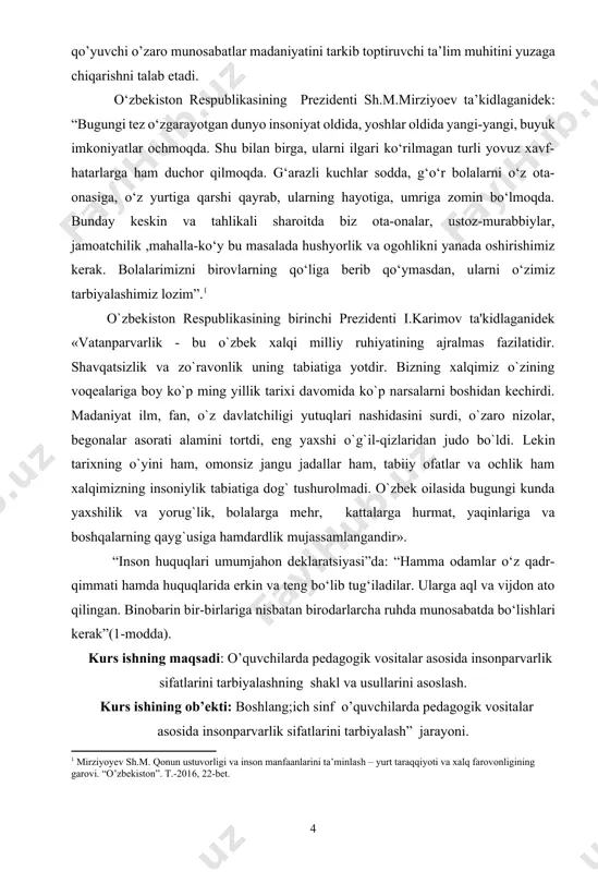 orlash milliy dasturi, “bola huquqlari kafolatlarini yana- da kuchaytirishga oid qo’shimcha chora-tadbirlar to’g’risida” 2019 22-apreldagi” o’zbekiston respublikasi prezidenti qarori, mavzuga oid mutafakkirlarning peda- gogik qarashlari o’quv va elektron qo’llanma lar. ishning tarkibiy tuzilishi: kirish, 4 ta reja , xulosa, foydalanilgan adabiyotlar ro`yxatidan iborat bo’lib, jami 26-sahifadan iborat. 1.tarbiyaviy ishlar konseptsiyasida insonparvarlik tamoyillarining nazariy asoslari. insonparvarlik yaxlit dunyoqarash tizimi sifatida birinchi bor evropaning uyg`onish davrida, ya'ni xv—xvii asrlarda shakllangan. forobiyning fikricha, baxt-saodat, osoyishta hayot, kishilar o`rtasidagi hamkorlik jarayonida insonning ko`p ijobiy fazilatlari va xislatlari asosida insonlar jamoasi yuzaga keladi. forobiy insonlarning inoq va do`st yashashi mamlakatda xalq uchun katta foyda keltirishini isbotlashga intilgan va tinchlikni qat'iy ravishda quvvatlab, butun faoliyatini inson xizmatiga qaratgan. insonparvarlik keng ijtimoiy fikrni qamrab olib, adabiyot, falsafa, san'at va boshqa sohalarda namoyon bo`ldi.[footnoteref:2] xiv—xvii asrlarda insonparvarlik italiyada, keyinchalik esa evropaning boshqa mamlakatlarida tarqala boshladi. [2: ] хvii аsr охiri – хiх аsr bоshlаridа mоddiy tа’lim nаzаriyasi jаdаl …