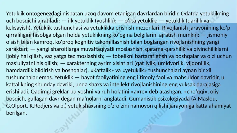 li oila boshlig'i, boquvchisi, jamiyatni boshqaruvchi bo‘ladilar. yetuklik davrida shaxsning rivojlanishi psixologiyadagi kam o'rganilgan muammolardan biridir. masalan, psixoanalitik nazariyalar shaxs anomaliyalariga, patologik variantlariga e’tibor qaratadi. norma kasallik belgilarining yo'qligi sifatida qaraladi. boshqa yo‘nalish, gumanistik psixologiya vakillari o‘zligini namoyon qilgan mashhur shaxslarni absolutlashtiradi. n.a.ribnikov 1920-yillarda katta odamlarning rivojlanish qonuniyatlarini o‘rganadigan yosh psixologiyasi sohasini akmeologiya deb atagan. bu g‘oya so‘nggi 10 yillikda akmeologiyaning insonni yetuklik 193 davridagi rivojlanish mexanizmlari, qonuniyatlari va mexanizmlarini o‘rganadigan mustaqil ilmiy fanga aylanishiga sabab boldi. akmeologiya insonning individ sifatida, shaxs sifatida faoliyatning talantli subyekti sifatida, individuallik sifatida ota-ona, fuqaro, turmush o'rtoq, do‘st sifatida shakllanish sharoitlari, yollari va usullarini o‘rganadi. a.a.bodalevning ta’kidlashicha, yetuk inson «rivojlanishidagi cho'qqi», yetuklik cho‘qqisi sifatida акте fenomeni — ko‘p o‘lchamli holat bolib, variativ va o'zgaruvchandir turli yosh davrlarida cho‘qqiga turlicha erishiladi1. inson hayot yolini kuzatish cho‘qqiga erishishda har bir yosh davrining (go‘daklik, ilk bolalik, maktab yoshidagi davri va h.k.) inson bolg‘usi makroakmesining namoyon bolish shakllari …