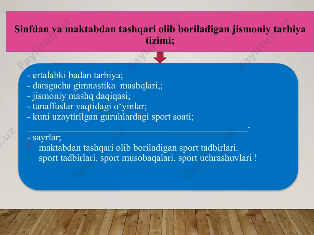 urak qismi muskullari, qo’l barmoqlari ko’proq yuklama oladi. jismoniy mashq daqiqalarini hamma darslarda o‘tkazish shart. o‘quv faoliyatining turiga qarab mashqlar o‘tirgan yoki turgan holda bajariladi. 1-2-daqiqagacha davom etadigan 3-4-mashqlarning har biri 4-6 marta takrorlanadi. kompleksning 1-mashq; qo‘llarni harakatlantirgan holda turlicha dastlabki holatlardan cho‘zilish, to‘g‘rilanish, hamma bo‘g‘inlarda egilish mashqi bo‘lishi kerak. 2-mashq; tanani o‘ngga, chapga burish, oldinga va orqaga engashishdan, 3-mashq; oyoqlarni bukish va to‘g‘rilash, tizzada bukilgan oyoqlarni ko‘tarish, partada o‘tirgan holda turish va dastlabki holatga qaytish, turgan holatdan o‘tirish va hakazolar. 4-mashq; esa tinchlantiruvchi va oddiy mashqlar bo‘lishi kerak. mashqlar aniq, to‘g‘ri, chiroyli, nafas olish ritmiga mos bajarilishi zarur. jismoniy mashq daqiqalarini musiqa ohanglari ostida o‘tkazish ham mumkin. musiqa o‘quvchilarning dam olish samaradorligi uchun qo‘shimcha omil bo‘lib, ularga ijobiy hissiyot beradi, harakat bilan bog‘langan holda ish qobiliyatini oshirishning samarador vositasi bo‘ladi. katta tanaffusda o‘tiladigan o‘yinlar: uning maqsadi: o‘quvchilar sog‘lig‘ini mustahkamlash va faol dam olish, chiniqish, aqliy va jismoniy ish qobiliyatlarini …