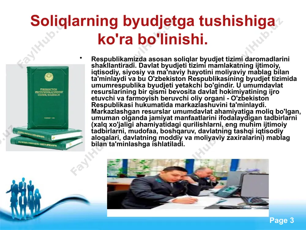 ,3 92,2 4 ulardan bevosita soliqlar 36,8 37,5 39,7 49,5 46,3 44,8 5 bilvosita soliqlar 54,6 57,8 56,0 46,4 47,0 47,4 6 boshqa tushumlar 8,6 4,7 4,3 3,1 6,7 7,8 free powerpoint templates page ‹#› soliqlar davlat byudjetini to`ldirishdan tashqari mamlakatdagi ijtimoiy-iqtisodiy jarayonlarni tartibga solishda ham muhim rol o`ynaydi. qadim zamonlarda ham ijtimoiy-iqtisodiy munosabatlar va jarayonlarni tartibga solishda soliqlardan foydalanib kelingan, hatto davlatchilikning shakllanishida ham soliqlar ma’lum rol o`ynagan. chunki davlatchilikning shakllanishi mukammal, barqaror bo`lmagan ijtimoiy-iqtisodiy munosabatlarga tayangan. shuning uchun davlat paydo bo`lishining dastlabki bosqichlarida moliyaviy va iqtisodiy munosabatlarni jonlantirishda davlat hukmdorlari har xil soliq to`lovlaridan foydalanib, o`z oldilariga turgan muammolarni yechishga harakat qilishgan. free powerpoint templates page ‹#› umumdavlat soliqlari har yili qonuniy tartibda belgilanadigan normativlar bo'yicha tegishli byudjetlar o'rtasida taqsimlanadi. o'zbekiston respublikasi soliq kodeksining 7 moddasiga muvofiq mahalliy soliqlar va yigimlarga quyidagilar kiradi: 1) mol-mulk soligi; 2) yer soligi; 3) infratuzilmani rivojlantirish soligi; 4) jismoniy shaxslardan transport vositalariga …