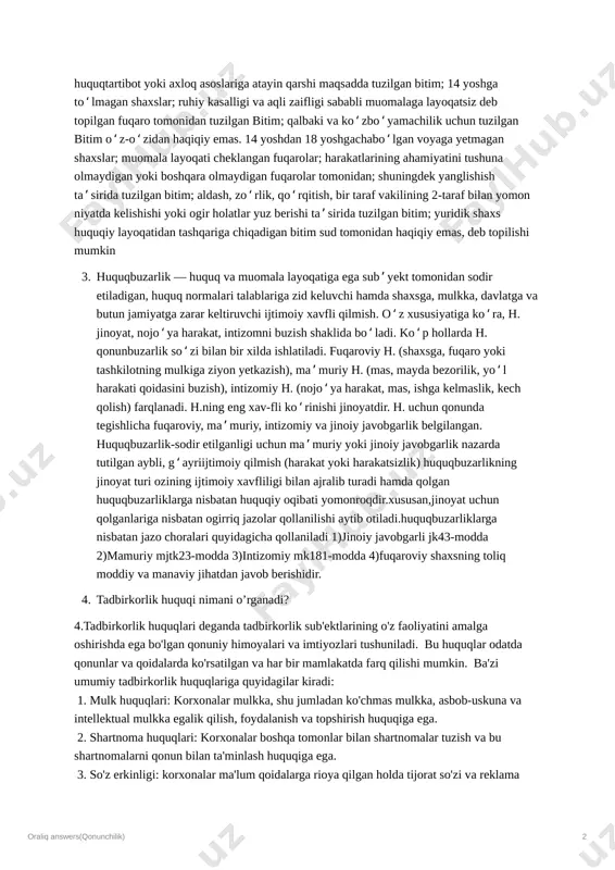 rolar va yuridik shaxslarning fuqarolik huquq va burchlarini belgilash, oʻzgartirish yoki bekor qilishga qaratilgan harakati. bitim bir taraflama, ikki taraflama yoki koʻp taraflama boʻlishi mumkin (qarang shartnomalar). bitim tuzish uchun qonun hujjatlariga yoki taraflarning kelishuviga muvofiq bir tarafning xohishi zarur va yetarli bulsa, bunday bitim bir taraflama bitim hisoblanadi. bitimlar ogʻzaki yoki yozma (oddiy yoki notarial tasdiqlangan) shaklda tuziladi. yer uchastkalari va boshqa koʻchmas molmulk bilan bogʻliq bitimlar (boshqa shaxsga berish, ipoteka, uzok, muddatli ijara, merosni qabul qilib olish va boshqalar) davlat roʻyxatidan oʻtkazilishi kerak. qonun talablariga muvofiq kelmaydigan, shuningdek oraliq answers(qonunchilik) 2 huquqtartibot yoki axloq asoslariga atayin qarshi maqsadda tuzilgan bitim; 14 yoshga toʻlmagan shaxslar; ruhiy kasalligi va aqli zaifligi sababli muomalaga layoqatsiz deb topilgan fuqaro tomonidan tuzilgan bitim; qalbaki va koʻzboʻyamachilik uchun tuzilgan bitim oʻz-oʻzidan haqiqiy emas. 14 yoshdan 18 yoshgachaboʻlgan voyaga yetmagan shaxslar; muomala layoqati cheklangan fuqarolar; harakatlarining ahamiyatini tushuna olmaydigan yoki boshqara olmaydigan fuqarolar tomonidan; shuningdek …