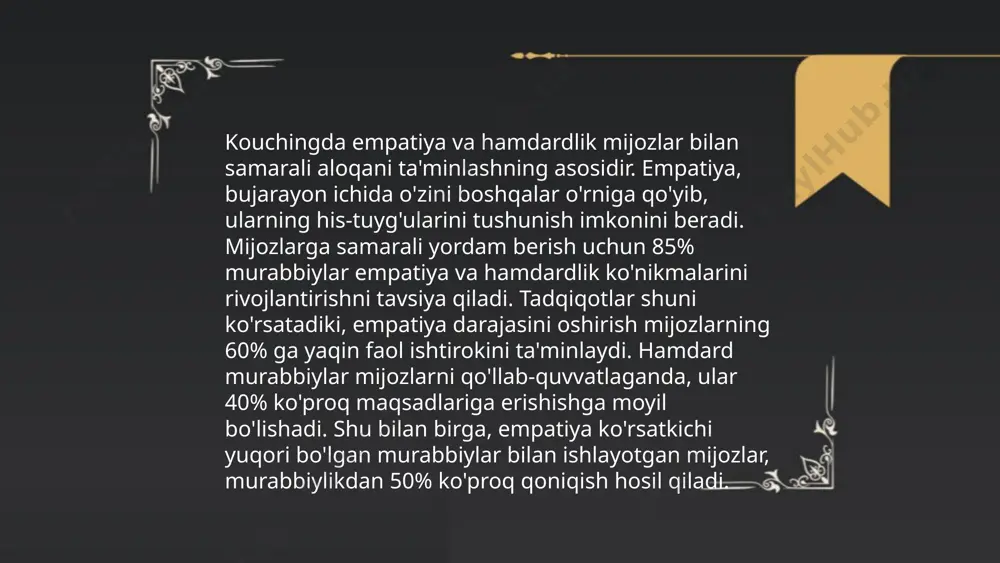 ar o'zini-o'zi rivojlantirish va yangiliklarni qabul qilishni ta'kidlashadi. ... t.me/slaydai_bot o'z-o'zini anglash va o'zaro xabardorlik insonning shaxsiy rivojlanishida muhim ahamiyatga ega. bu jarayon o'z his-tuyg'ularini, g'oyalari va harakatlarini tahlil qilishdan iborat. o'z-o'zini anglash darajasi yuqori bo'lgan odamlar odatda o'zlarini yaxshiroq tushunishadi va hayotda asosli qarorlar qabul qilishadi. tadqiqotlarga ko'ra, o'zaro xabardorlik ijobiy munosabatlar o'rnatishga yordam beradi. 2021-yilda o'tkazilgan bir tadqiqotda kuniga 10-15 daqiqa meditatsiya bilan shug'ullanish o'z-o'zini anglash darajasini oshiradi. o'zaro xabardorlikni rivojlantirish uchun 70% tinglash va 30% gapirish qoidasi foydali hisoblanadi. kouchingda ijtimoiy ko’nikmalar va komunikatsiya andijon davlat universiteti ijtimoiy iqtisodiyot fakulteti amaliy psixologiya (sirtqi ta’lim) yo’nalishi 404-guruh talabasi nurmatova feruzaning shaxs psixologiyasi va kouching pofiling fanidan mustaqil ta’lim ishi e'tiboringiz uchun raxmat! image1.png image2.png image3.png image4.jpg image5.jpg image6.png image7.jpg /docprops/thumbnail.jpeg