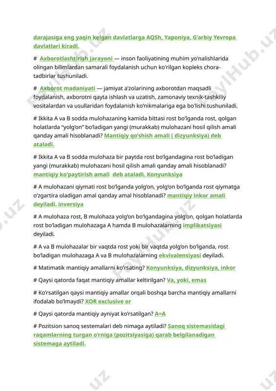 ardan samarali foydalanish uchun ko'rilgan kopleks chora-tadbirlar tushuniladi. # axborot madaniyati — jamiyat a’zolarining axborotdan maqsadli foydalanish, axborotni qayta ishlash va uzatish, zamonaviy texnik-tashkiliy vositalardan va usullaridan foydalanish ko‘nikmalariga ega bo'lishi tushuniladi. # ikkita a va b sodda mulohazaning kamida bittasi rost bo‘lganda rost, qolgan holatlarda “yolg‘on” bo‘ladigan yangi (murakkab) mulohazani hosil qilish amali qanday amali hisoblanadi? mantiqiy qo’shish amali ( dizyunksiya) deb ataladi. # ikkita a va b sodda mulohaza bir paytda rost bo‘lgandagina rost bo‘ladigan yangi (murakkab) mulohazani hosil qilish amali qanday amali hisoblanadi? mantiqiy koʻpaytirish amali deb ataladi. konyunksiya # a mulohazani qiymati rost bo‘lganda yolg‘on, yolg‘on bo‘lganda rost qiymatga o‘zgartira oladigan amal qanday amal hisoblanadi? mantiqiy inkor amali deyiladi. inversiya # a mulohaza rost, b mulohaza yolg‘on bo‘lgandagina yolg‘on, qolgan holatlarda rost bo‘ladigan mulohazaga a hamda b mulohazalarning implikatsiyasi deyiladi. # a va b mulohazalar bir vaqtda rost yoki bir vaqtda yolg‘on bo‘lganda, rost bo‘ladigan mulohazaga …