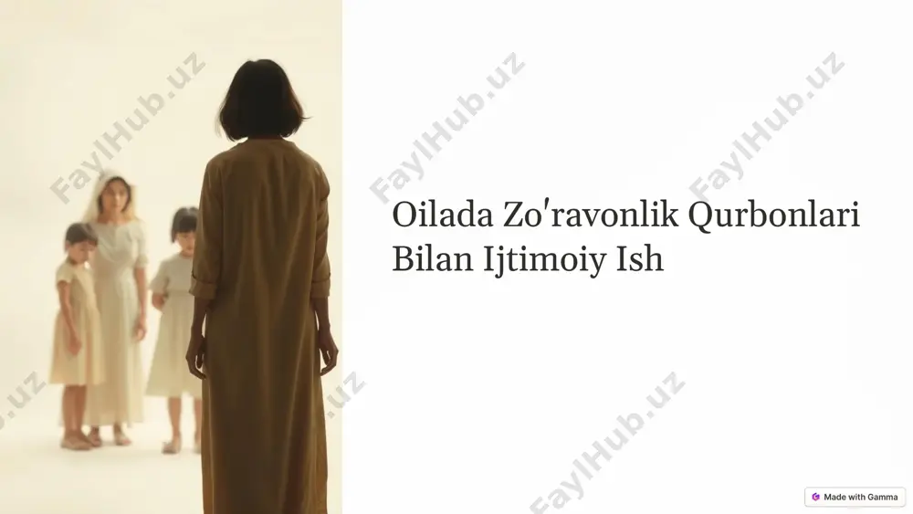 iqtisodiy zo'ravonlik turlarini qonuniy belgilash. 3 huquqni muhofaza qilish organlari huquqni muhofaza qilish organlari zo'ravonlikni to'xtatish va qurbonlarni himoya qilish majburiyatini o'z zimmasiga oladi. 6 ijtimoiy xizmatlar va yordam turi boshpana zo'ravonlikdan qochganlar uchun xavfsiz boshpana, psixologik va huquqiy yordam. maslahat psixologik maslahat, zo'ravonlikdan chiqish strategiyalarini o'rganish. huquqiy yordam huquqiy maslahat, huquqiy hujjatlarni tayyorlashda yordam berish. moliyaviy yordam moliyaviy yordam, ishga joylashtirish xizmatlari, iqtisodiy mustaqillikni ta'minlash. 7 mahalla jamoasi bilan hamkorlik 1 mahalla faollari va mutaxassislarni jalb qilish. 2 zo'ravonlikka qarshi kampaniyalar o'tkazish. 3 jamoatni xabardor qilish va qo'llab-quvvatlash. 4 zo'ravonlikning oldini olish bo'yicha dasturlarni ishlab chiqish. 8 mutaxassislar bilan ish psixollar ruhiy salomatlikni tiklash, zo'ravonlikdan chiqish strategiyalarini o'rganish. ijtimoiy xizmat xodimlari ijtimoiy yordam, boshpana, moliyaviy yordam va boshqa resurslarni taqdim etish. huquqshunoslar huquqiy maslahat, hujjatlarni tayyorlash, huquqni himoya qilish organlariga murojaat qilishda yordam berish. politsiya xodimlari zo'ravonlik holatlarini to'xtatish, qurbonlarni himoya qilish. 9 qayta reabilitatsiya va qayta integratsiya 1 …