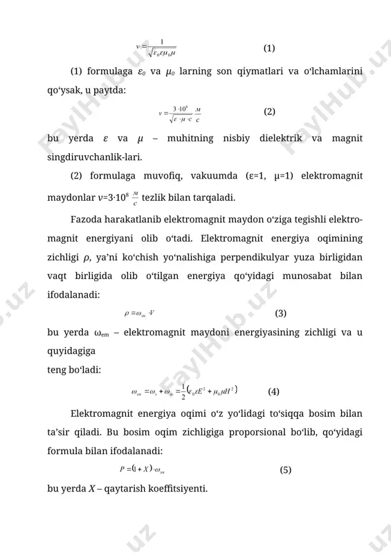 nit maydonlar v=3·108 tezlik bilan tarqaladi. fazoda harakatlanib elektromagnit maydon o‘ziga tegishli elektro-magnit energiyani olib o‘tadi. elektromagnit energiya oqimining zichligi ρ, ya’ni ko‘chish yo‘nalishiga perpendikulyar yuza birligidan vaqt birligida olib o‘tilgan energiya qo‘yidagi munosabat bilan ifodalanadi: (3) bu yerda ωem – elektromagnit maydoni energiyasining zichligi va u quyidagiga teng bo‘ladi: (4) elektromagnit energiya oqimi o‘z yo‘lidagi to‘siqqa bosim bilan ta’sir qiladi. bu bosim oqim zichligiga proporsional bo‘lib, qo‘yidagi formula bilan ifodalanadi: (5) bu yerda x – qaytarish koeffitsiyenti. agar to‘siq elektromagnit energiyasini to‘la qaytarsa, ya’ni x=1, u holda: (6) agar to‘siq uni to‘la yutsa, ya’ni x=0, u holda: (7) maksvell siljish toki tushunchasini kiritdi. faraz qilaylik, yassi kondensator qoplamlariga o‘zgaruvchan e.yu.k. berligan bo‘lsin (2-rasm). u holda tok keltiruvchi simlarda elektronlarning harakatidan yuzaga kelgan o‘tkazuvchanlik toki oqadi, ya’ni: 2-rasm. (8) bu yerda s – qoplamaning yuzasi; q – qoplamada taqsimlangan zrayad; ( - zaryadning sirt zichligi. maksvell tashqi zanjirida oquvchi o‘tkazuvchanlik …