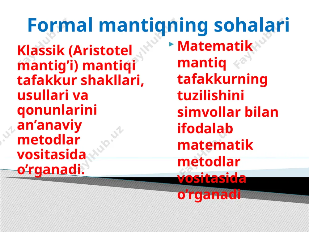 ari – indekslar, obrazlar, simvollar; belgilar o’z ma’no va mazmuniga ega; semiotika – belgilarni o’rganuvchi fan. semiotikaning bo’limlari sintaksis – belgilarning o’zaro munosabatini, y’ani gap tuzilishi qoidalarini o’rganadi; semantika – belgi bilan u ifoda qilayotgan predmet o’rtasidagi munosabatni hamda belgilar mazmunini o’rganadi; pragmatika – kishilarning belgilarga munosabati hamda belgilar vositasidagi kishilar o’rtasidagi munosabatni o’rganadi. formal mantiqning asosiy qonunlari (printsiplari) formal mantiq fikrlar o’rtasidagi aloqani o’rganadi. bu aloqa va bog’lanishlar biz ularni bilishimiz yoki bilmasligimizdan qat'iy nazar mavjud bo’ladi. chunki bizning tafakkurimiz borliqning in'ikosidir. borliqdagi barcha narsa va hodisalar bir-biri bilan bеvosita va bilvosita aloqada bo’ladi. mana shu aloqadorlik bizning tafakkurimizda in'ikos etadi. formal mantiq qonunlari tafakkurga xos bo’lib fikrning to’g’ri tuzilishini, uning aniq, izchil, ziddiyatsiz va еtarli asosga ega bo’lishini ta'minlaydi.formal mantiq qonunlari ob'еktiv xaraktеrga ega. bu qonunlarga rioya qilish to’g’ri fikrlashni ta'minlaydi. ayniyat qonuni ayniyat qonuniga ko’ra har qanday fikr mulohaza jarayonida o’ziga aynan (a-a dir yoki aqa) va …