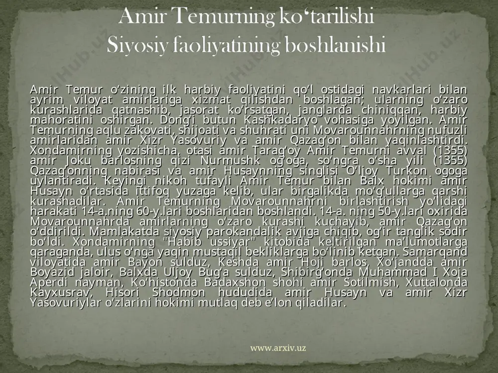 moʻgʻul xonlarining boskinchilik yurishlari va zulmiga karshi xalq harakati boshlanadi. biroq, movarounnahr amirlari xalqqa bosh boʻlib, moʻgʻul bosqinchilariga qarshi kurashga jurʼat eta olmaydilar. ularning bir qismi dushman tarafiga oʻtadi, ikkinchi qismi esa el-yurtni tark etib, oʻzga mamlakatlardan boshpana izlaydilar. amir temurning amakisi, kesh viloyatining hukmdori amir hoji barlos xurosonga qochadi. mana shunday ogʻir pallada siyosat maydoniga amir temur kiradi. moʻgʻullarga qarshi turish uchun kuchlar nisbati teng emasligini hisobga olgan 24 yoshli amir temur 1360 y.ning boshida tugʻluq temur tomonidan keshga yuborilgan beklar bilan kelishadi. sharoit taqozosi bilan xon xizmatiga oʻtib, uning yorligʻi bilan oʻz viloyatining dorugʻasn etib tayin qilinadi. shubhasiz, bu noilojliqdan qoʻyilgan siyosiy hamda strategik qadam boʻlib, bu bilan amir temur moʻgʻullarning navbatdagi talontarojining oddini olgan, mamlakat va xalqni falokatdan qutqargan edi. biroq, movarounnaxrning hukmdori etib tayin qilingan ilyosxoja va uning lashkarboshisi amir bekkichik bilan amir temurning murosasi kelishmay qoladi. shu sababdan 1361 y.ning oxirida u mamlakatni tark etishga …