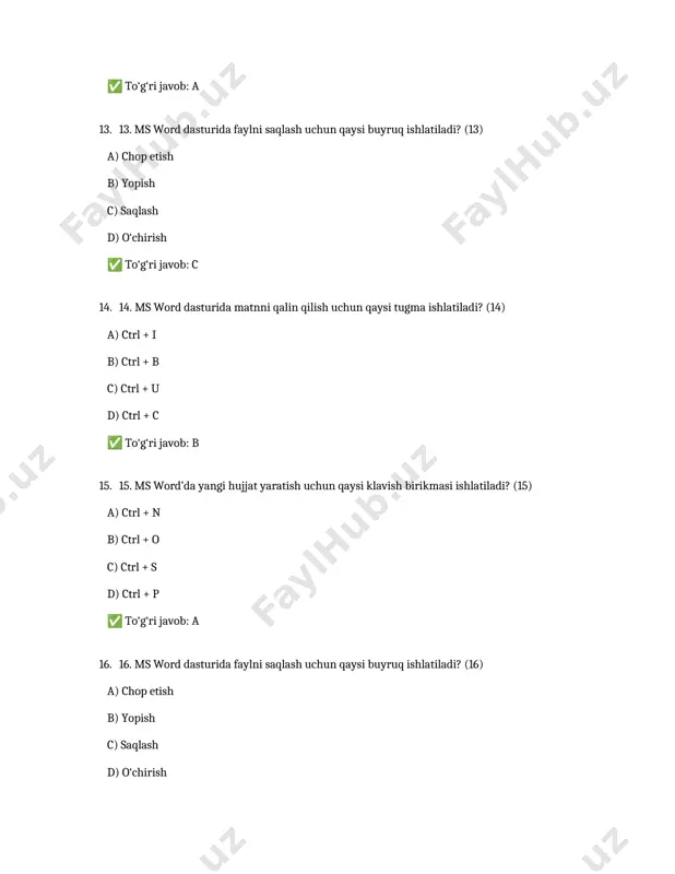 gi hujjat yaratish uchun qaysi klavish birikmasi ishlatiladi? (42) a) ctrl + n b) ctrl + o c) ctrl + s d) ctrl + p ✅ to‘g‘ri javob: a 43. ms word dasturida faylni saqlash uchun qaysi buyruq ishlatiladi? (43) a) chop etish b) yopish c) saqlash d) o‘chirish ✅ to‘g‘ri javob: c 44. ms word dasturida matnni qalin qilish uchun qaysi tugma ishlatiladi? (44) a) ctrl + i b) ctrl + b c) ctrl + u d) ctrl + c ✅ to‘g‘ri javob: b 45. ms word’da yangi hujjat yaratish uchun qaysi klavish birikmasi ishlatiladi? (45) a) ctrl + n b) ctrl + o c) ctrl + s d) ctrl + p ✅ to‘g‘ri javob: a 46. ms word dasturida faylni saqlash uchun qaysi buyruq ishlatiladi? (46) a) chop etish b) yopish c) saqlash d) o‘chirish ✅ to‘g‘ri javob: c 47. ms word dasturida matnni qalin qilish uchun qaysi …