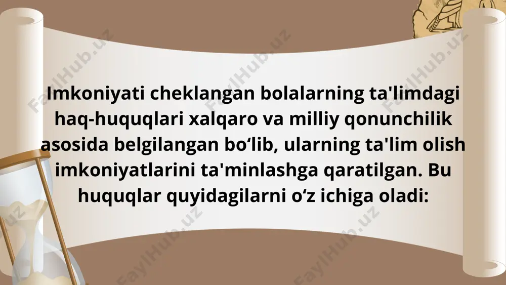 muhimligini ta’kidlaydi. 23-moddasi nogiron bolalar uchun maxsus choralar ko‘rish lozimligini ko‘rsatadi. nogironlar huquqlari to‘g‘risidagi konvensiya (2006): bmt tomonidan qabul qilingan ushbu konvensiya inklyuziv taʼlimni nogiron shaxslarning taʼlim olish huquqini amalga oshirishning muhim sharti sifatida belgilaydi. uning 24-moddasida barcha nogiron shaxslarning o‘z salohiyatlarini ro‘yobga chiqarish uchun teng sharoitlarda ta'lim olishlari kerakligi qayd etilgan. inson huquqlari umumjahon deklaratsiyasi (1948): ushbu deklaratsiya har bir insonning ta'lim olish huquqiga ega ekanligini e'lon qiladi (26-modda). ta'lim inklyuziv, teng va adolatli bo‘lishi kerakligini ta’kidlaydi. salamanka deklaratsiyasi (1994): unesco tomonidan qabul qilingan ushbu deklaratsiya inklyuziv ta'lim tamoyillarini joriy etish va barcha bolalarni umumiy taʼlim tizimiga qo‘shishni tavsiya qiladi. bu, ta'limning barcha bolalar uchun mos va imkoniyatli bo‘lishi zarurligini ko‘rsatadi. salamanka deklaratsiyasi (1994) — 1994-yilda ispaniyaning salamanka shahrida unesco va bmt tomonidan tashkil etilgan xalqaro maxsus ta'lim bo‘yicha konferensiya doirasida qabul qilingan hujjat. ushbu deklaratsiya inklyuziv ta'lim tamoyillarini ilgari suradi va barcha bolalarga, shu jumladan imkoniyati cheklangan yoki …