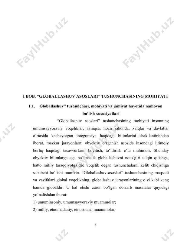 stik bo‘lgan, ammo u yoki bu makromuhitda, davlatda ma’lum bir mafkuralar ustuvor bo‘lgan, albatta. bugun, ayniqsa, globallashayotgan dunyoda bitta mafkuraning ustuvorligini tasavvur qilish qiyin. har bir davlat, har bir xalq, millat o‘z mafkurasiga ega. mafkuraviy rang-baranglik globallashuv duch kelayotgan reallikdir. bu rang-baranglik bilan unifikatsiyalashishga moyil globallashuv o‘rtasidagi farqlar, ziddiyatlar nimaga olib kelishini hozir bashorat qilish qiyin. globallashuvning nazariy asoslarini antik davr faylasuflarining butun va qism (platon, aristotel), koinot va yer (konfutsiy, lao szu), jamiyat va inson (makiavelli, didro), inson va shaxs (svedenborg, berkli), ilm-fan va ratsional idrok (dekart, bekon), ilohiy iroda va inson erki (kerkegor, berdyaev), gumanizm va plyuralizm, demokratizm (a.xaksli va k. poper), tobelik va dahriylik (g‘azzoliy va mansur xalloj), ilohiylik va insoniylik (shri aurobindo va maxatma gandi, osho) haqidagi qarashlari tashkil etadi. globallashuvni universal voqelik sifatida qarashni asosan, uning tarafdorlari ilgari surishadi. globallashuv ijtimoiy borliqqa oid universal voqelik, ta’minot bo‘la oladimi? bunga aniq javob berish mushkul, chunki jahon …