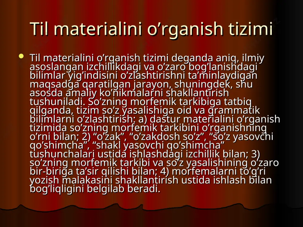 ng leksik ma’nosi bilan morfemik tarkibining o’zaro bog’liqigiga va biror so’z turkumiga xarakterli bo’lgan so’z yasalishi usuliga asoslaniladi. mashq turlaridan namunalar: 1. o’zakdosh so’zlari bo’lgan matnni leksik – so’z yasalishi tomonidan tahlil qilish. masalan, quyidagi kabi matn diktovka bilan yozdiriladi: hovlimizda gulzor bor. gulzorga har xil gul ekilgan. ularni gulchi akam parvarish qiladi. gullar chamandek ochiladi. o’qituvchi rahbarligida bir o’zakdosh so’zdan boshqasi qanday morfema yordamida yasalgani, u qaysi so’z turkumiga kirishi, qanday ma’no bildirishi aniqlanadi. leksik ma’nosi keng tushuntirilgan so’zni o’zakdosh so’z bilan almashtirish. topshiriq. ajratib ko’rsatilgan so’zga o’zakdosh bo’lgan bir so’z toping. uning qaysi so’z turkumiga kirishini ayting va uni so’z tarkibiga ko’ra tahlil qiling. – olma daraxti ko’p joy (olmazor) – paxta yetishtirish bilan shug’ullanadigan kishi (paxtakor) – bog’ yaratadigan va uni parvarish qiladigan kishi (bog’bon) – traktor bilan ish bajaradigan kishi (traktorchi) – gul solib qo’yiladigan idish (guldon) o’quvchilar o’qituvchi yordamida shu so’z qaysi so’zdan va qanday …