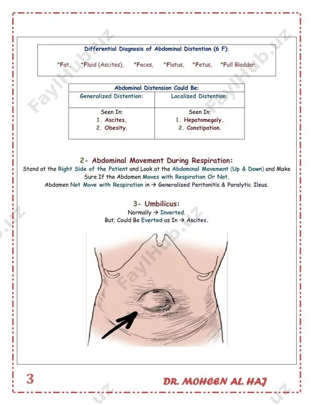 s in the picture in all abdominal areas & look at the patient’s eyes. 3. tense abdomen: while you are putting your hand on abdomen, check if it is soft or tense; *guarding; means tense abdomen due to voluntary muscle contraction. *rigidity; means tense abdomen due to involuntary muscle contraction. to differentiate between guarding & rigidity; ask patient to flex his knees and relax, then take breathing from mouth; *if the abdomen changed from tense to lax abdomen;  it is guarding, *if the abdomen still tense abdomen;  it is rigidity. dr. mohcen al. haj 7 4. mass: while you are putting your hand on abdomen, check if there is any superficial mass. if there is any mass; you have to comment on: site, size, shape, surface, consistency, tenderness, fixed or mobile, pulsatile or not pulsatile. note: if the mass associated with pulsation (pulsatile): put your index & middle …
