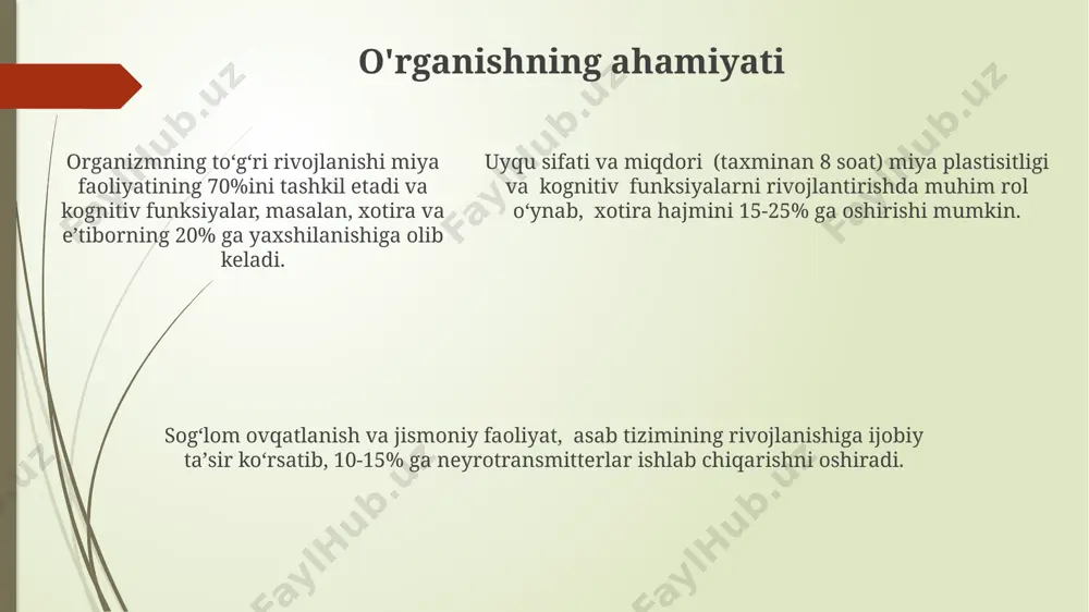 h) jarayonlari muhim rol o'ynaydi, bu 2 jarayon o'zaro bog'liq. irsiyatning roli irsiyat, intellektning 20-80% gacha bo'lgan qismini aniqlaydi, qolgan qismi esa atrof-muhit omillariga bog'liq. bu nisbat turli tadqiqotlarda farq qilishi mumkin. genetik faktorlar bolaning kognitiv qobiliyatlari, masalan, xotira hajmi (7±2 birlik) va fikrlash tezligi kabi xususiyatlarini belgilaydi. genetik faktorlar bolaning kognitiv qobiliyatlari, masalan, xotira hajmi (7±2 birlik) va fikrlash tezligi kabi xususiyatlarini belgilaydi. muhitning ta'siri kam ta'minlangan oilalardagi bolalarning lug'at boyligi o'rtacha darajadagi oilalardagi bolalarga nisbatan 30% ga kam bo'lishi mumkin, bu til rivojlanishiga salbiy ta'sir ko'rsatadi. muhitning ta'siri bolaning intellektual rivojlanishiga 20% gacha ta'sir qilishi mumkin, bu genetika va o'z-o'zini tarbiyalash bilan birga muhim omil hisoblanadi. ijobiy va rag'batlantiruvchi muhit bolaning ijtimoiy-emotsional rivojlanishiga ijobiy ta'sir ko'rsatib, o'ziga ishonch hissini 15-20% ga oshirishi mumkin. tajribaning roli tajriba, miya plastisitligi orqali 2-7 yoshgacha bo'lgan bolalarda neyronlar orasidagi yangi ulanishlarni 50% ga ko'paytiradi, bu esa kognitiv rivojlanishning tez sur'atlar bilan o'sishini …