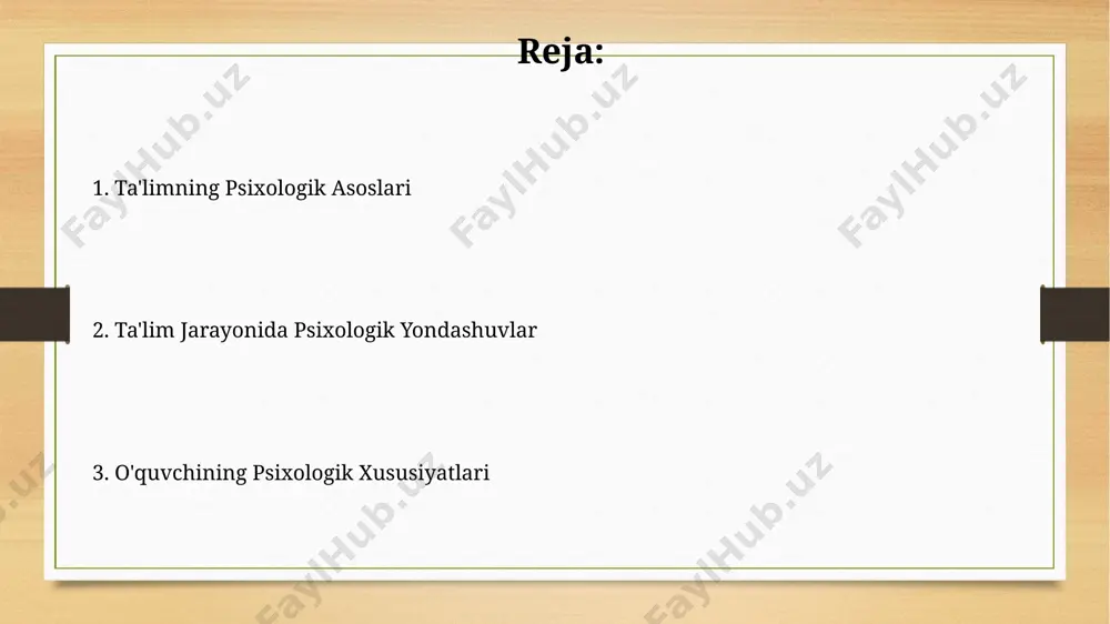 cha o'quv natijalarini belgilaydi. introversiya va ekstraversiya kabi shaxsiyat xususiyatlari o'quv muhitining optimal tashkil etilishiga, masalan, guruhdagi yoki individual ishlashga, ta'sir ko'rsatadi. bilimlarni idrok etish va eslab qolish jarayonlari semantik kodlash (ma'no bilan bog'lash) fonetik kodlashga (tovush bilan bog'lash) nisbatan ma'lumotni uzoq muddatli xotirada saqlash samaradorligini 70% ga oshiradi. chunki takrorlash va mustahkamlash jarayonlari xotirada saqlashni 2-3 barobar yaxshilaydi, shuning uchun ta'limda muntazam takrorlash mashqlari qo'llanilishi zarur. ta'limning psixologik asoslari o'quv jarayonida emotsional-irodaviy soha hisobga olinmasa, o'qishga bo'lgan qiziqishning pasayishi va akademik ko'rsatkichlarning 20% ga yomonlashishi kuzatiladi. o'qituvchining shaxsiy xususiyatlari, jumladan, empatiya va motivatsiya darajasi, o'quvchilarning o'zlashtirish darajasiga 15-25% ta'sir ko'rsatishi isbotlangan. o'qitish uslublari va psixologiya o'qituvchining 70% vaqtini talabalarning individual ehtiyojlarini aniqlash va ularga moslashgan o'quv uslublarini qo'llashga sarflash samaradorlikni 30% ga oshiradi. ijtimoiy-emotsional rivojlanishni hisobga olgan holda, guruhdagi hamkorlikka asoslangan o'qitish uslublari (masalan, hamkorlikda o'rganish) o'quvchilarning 85% da o'ziga ishonchni oshiradi. motivatsiya va ta'lim ta'limda o'quvchilarning motivatsiyasi 3 …