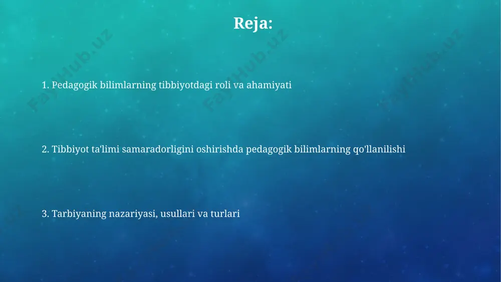 r bilan muloqotni o'rgatishda 5 dan ortiq turdagi muammolarni hal qilishda yordam beradi, bu esa shifokorlarning kommunikativ kompetensiyasini rivojlantiradi. amaliy mashg'ulotlar nazariy bilimlarni mustahkamlashda muhim rol o'ynaydi, talabalar kasbiy ko'nikmalarini 20-30% ga oshiradi va klinik sharoitlarda qo'llanilishini ta'minlaydi. loyihaviy ta'lim loyihaviy ta'lim, o'quv jarayonini 3 bosqichga (loyihani rejalashtirish, amalga oshirish va baholash) bo'lib, talabalarning mustaqil fikrlash va muammo yechish ko'nikmalarini rivojlantiradi. loyihaviy ta'limda, kamida 2-3 nafar talaba guruh bo'lib, 1-2 hafta davomida amaliy loyiha ustida ishlashadi va natijalarini taqdim etadilar, bu jamoaviy ishlashni o'rgatadi. muammoli ta'lim muammoli ta’lim uslubining samaradorligini baholash uchun, testlar, amaliy topshiriqlar va guruhdagi ishtirokchilardan olingan fikr-mulohazalar kabi 3 ta asosiy usuldan foydalanish tavsiya etiladi. “muammoli ta’lim”da talabalar 3-5 kishidan iborat guruhlarda ishlashi va muammoni hal qilish uchun turli xil strategiyalarni, shu jumladan, miya hujumi va tahlilni qo‘llashlari kerak. distantsion ta'limning imkoniyatlari masofaviy ta'lim 24/7 kirish imkoniyatini beradi, bu esa talabalarning o'zlashtirish sur'atini va vaqtini mustaqil rejalashtirishini …