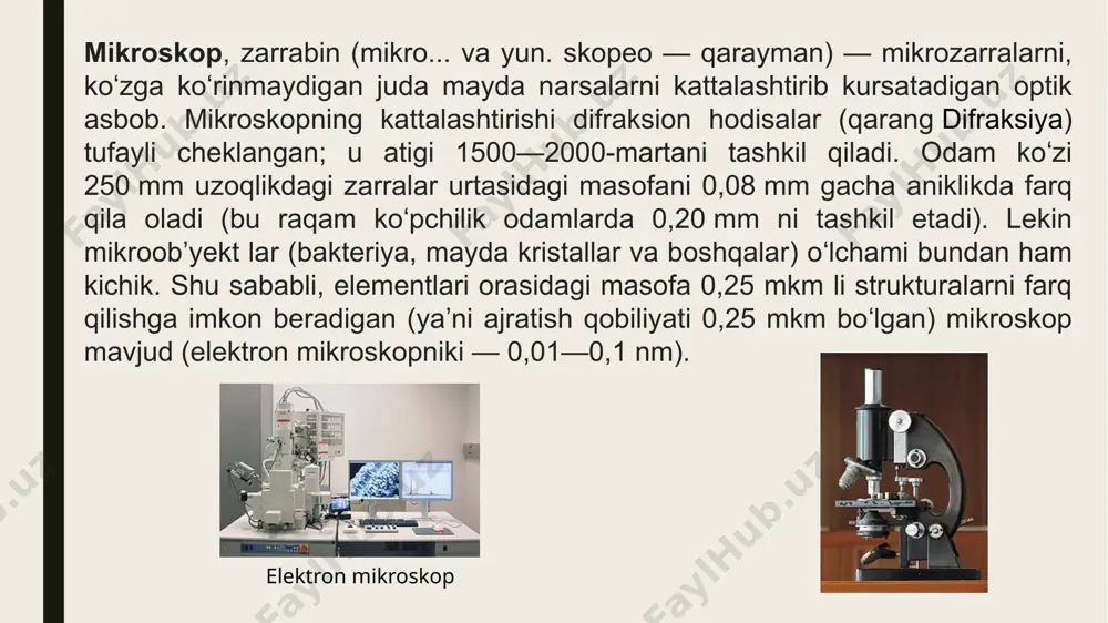di. ultrabinafsha, infraqizil spektr sohasida ishlatiladigan mikroskop obʼyektivi yana ham sifatli boʻlishi zarur. mikroskopda tekshiriladigan preparatlar oʻzidan yorugʻlik chiqarmaydi, shu sababli uni yoritish lozim. obʼyektni yoritishning turli usullari mavjud. uning yoritilishiga qarab tasvir kon-trastlari (aniqligi) ortadi. okulyar ham yorug’lik mikroskopining muhim qismi. tekshiriladigan obʼyektga qarab okulyarlar turlicha bo’ladi. okulyar sifatida koʻrish trubasi (koʻpincha, gyuygens tipidagi okulyar) ishlatiladi. yoritishda mikrokondensorlardan foydalaniladi; u linzalar tizimidan iborat. mikrokondentorlarga iris diafragmasi oʻrnatiladi. mikrokondensorlarning tuzilishi ham har xil; baʼzilari bitta linzasi olib qoʻyiladigan qilib yasaladi, bu hol mikroobʼyektlarni tekshirishni osonlashtiradi. yorug’lik mikroskopi 10 ta qismdan: okulyar, tubs, revolver, obektiv, diafragma, ko’zgu, taglik, buyum stolchasi, shtativ dastasi, makrovintdan iborat. tubsning ustki qismida okulyar, pastki qismida esa revolver bo’ladi. revolver odatda 3 ta obektivdan iborat bo’ladi. mikrovint tubs va buyum stolchasi orasidagi masofani o’zgaritishga yordam beradi. buyum stolchasiga ko’rilayotgan jism qo’yiladi, va unga ko’zga yordamida yorug’lik nuri o’tkaziladi, jism yoritilmaganda mikroskop orqali hech narsani ko’rib bo’lmaydi. hozirgi …