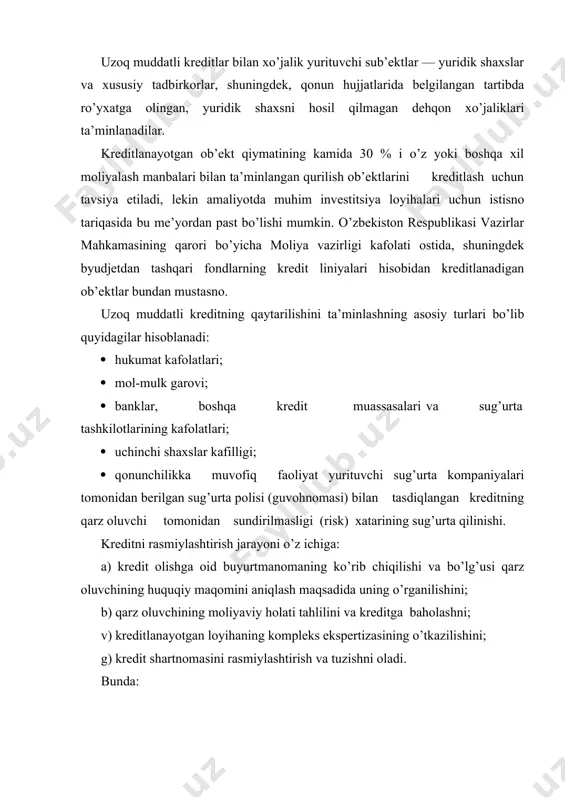 oliyaviy holati tahlilini va kreditga baholashni; v) kreditlanayotgan loyihaning kompleks ekspertizasining o’tkazilishini; g) kredit shartnomasini rasmiylashtirish va tuzishni oladi. bunda: - (a) va (b ) bandlarida ko’rsatilgan kredit buyurtmanomasini ko’rib chiqish muddati bank qarz oluvchiga kredit buyurtmanomasiga yozma xulosa beradigan 5 bank ish kunidan oshmasligi kerak; - xo’jalik yurituvchi sub’ektlarning kredit so’rab taqdim etilgan hujjatlar to’plami va arizalari tuman bank bo’limlari kredit komissiyasi tomonidan arizalar kelib tushgan kundan boshlab 10 kundan oshmagan, viloyat kredit komissiyasi tomonidan 15 kundan oshmagan muddatda va markaziy idora kredit ko’mitasi tomonidan 30 kun davomida ko’rib chiqilib, kredit berish yoki bermasligi to’g’risida yozma ravishda xulosa berishlari lozim bo’ladi. (kichik biznes va xususiy tadbirkorlik loyihalariga va markaziy bankning tegishli me’yoriy xujjatlari asosida ko’rib chiqish muddati o’rnatilgan investiyiya loyihalari bundan mustasno). kredit shartnomasi bank bilan qarz oluvchi o’rtasidagi o’zaro munosabatlarning asosi bo’lib hisoblanadi, olingan kreditlar, komissiyalar ularga oid foizlar va penyalar bo’yicha agar shartnomaning o’zida o’zgacha hol nazarda …