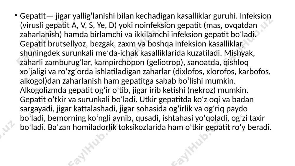 gistio-limfotsitlar hujayralar bilan qoplanishi hamda bu yerda oz miqdorda qo‘shimcha hujayralar paydo bo‘lishi bilan belgilanadi. sariqlik — jigar yalligʻlanishining eng sezilarli alomati, jigar tomonidan qayta ishlanmagan bilirubin qon oqimiga kirib, teriga oʻziga xos sargʻish rang berganda paydo boʻladi. biroq, gepatitning boshqa shakllari ham keng tarqalgan. baʼzida uning boshlanishi gripp ga oʻxshaydi: isitma, bosh ogʻrigʻi, tana ogʻrigʻi va boshqalar, shuning uchun virusli gepatit belgilari namoyon boʻladi. oʻng gipoxondriyadagi ogʻriq odatda jigar pardasi choʻzilishi (jigar kengayishi) tufayli yuzaga keladi yoki oʻt pufagi va oshqozon osti bezi bilan bogʻliq boʻlishi mumkin xoletsistit — bu oʻt pufagining yallig’lanishi.simptomlari orasida qorinni oʻng yuqori sohasida ogʻriqlar, oʻng yelkadagi ogʻriqlar, koʻngil aynishi, qusish va vaqti-vaqti bilan isitma bor. koʻpincha oʻt pufagi xurujlari oʻtkir xoletsistitdan oldin sodir boʻladi. ogʻriq xoletsistitda odatdagi oʻt pufagi xurujiga qaraganda uzoqroq davom etadi. oʻtkir xoletsistitning asoratlari orasida oʻt pufagidagi tosh pankreatit, umumiy oʻt yoʻllarida toshlar yoki umumiy o’t yo’llarining yallig’lanishi kiradi. xoletsistit oʻt …