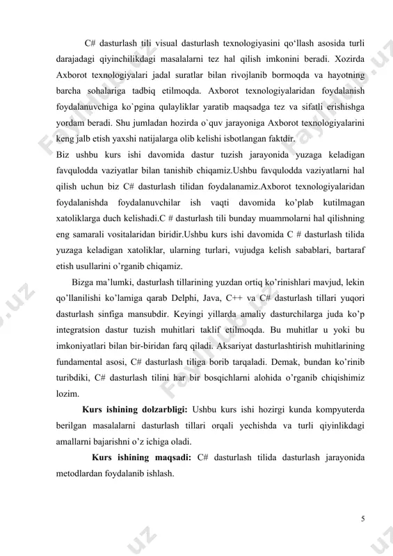 dastur bilan bog'lash (link), hotiraga yuklash (load) va bajarish (execute). c# dsturiga kirish c# dasturini ishga turshirish uchun dastlab пуск menyusidan sharpdevelop5.1 ni ochamiz. dastur ochilganda quyidagi oyna hosil bo’ladi. bu oynadan biz new solution tugmasini bosamiz va quyidagi oy ekrangan chiqadi. bunda biz dasturga nom beramiz va creat tugmasini bosib dasturni ishga tushiramiz. c# da birinchi dastur using system; namespace birinchi_dastur { class program { public static void main(string[] args) { //c# dagi ilk dasturimiz /*ekranga yozuv chiqarish*/ console.writeline("\t eng katta boylik-bu aql-zakovat va ilm,\n" + "\t eng katta meros-bu yaxshi tarbiya, \n" + "\t eng katta qashshoqlik-bu bilimsizlikdir!\n" + "\t\t\t\t shavkat mirziyoyev."); console.readkey(); } } } dastur natijasi quyidagi ko’rinishda console oynasiga chiqadi: dasturni satrma-satr tahlil qilaylik. c# da ikki tur sharhlar mavjud. /* bilan boshlanib, */ bilan tugaydigani bir necha satrni egallashi mumkin. yani bu belgilar orasida qolgan hamma yozuv sharh hisoblanadi. bu tur sharh c dan …